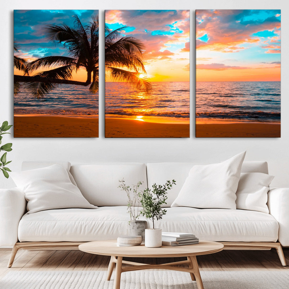 Palm Tree Sunset On The Beach Wall Art Canvas, Framed Palm Tree Sunset Canvas Print