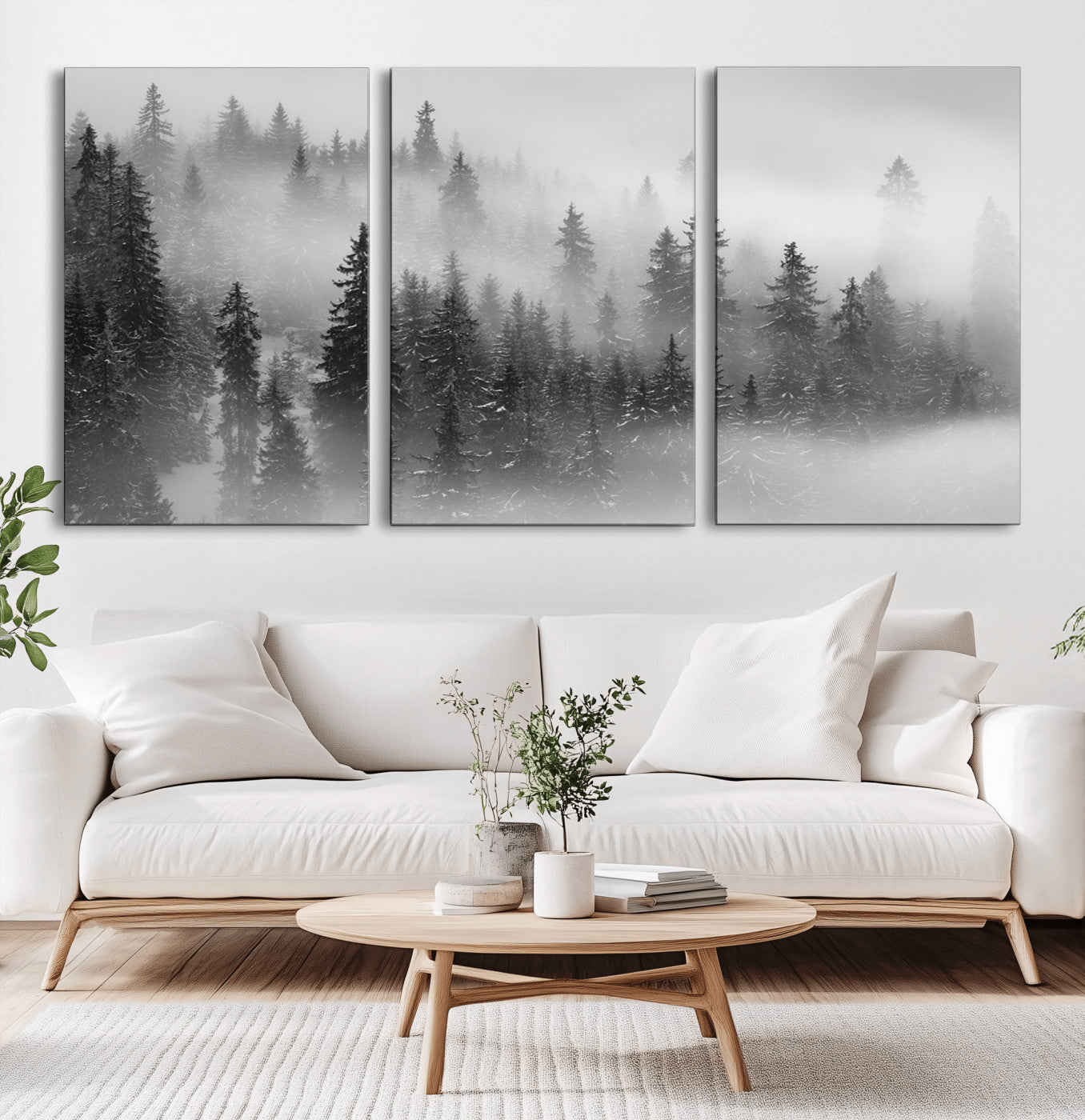 MGV-CV-60X30-3P - Foggy Misty Forest Canvas Wall Art – Black and White Landscape – Framed and Ready to Hang Modern