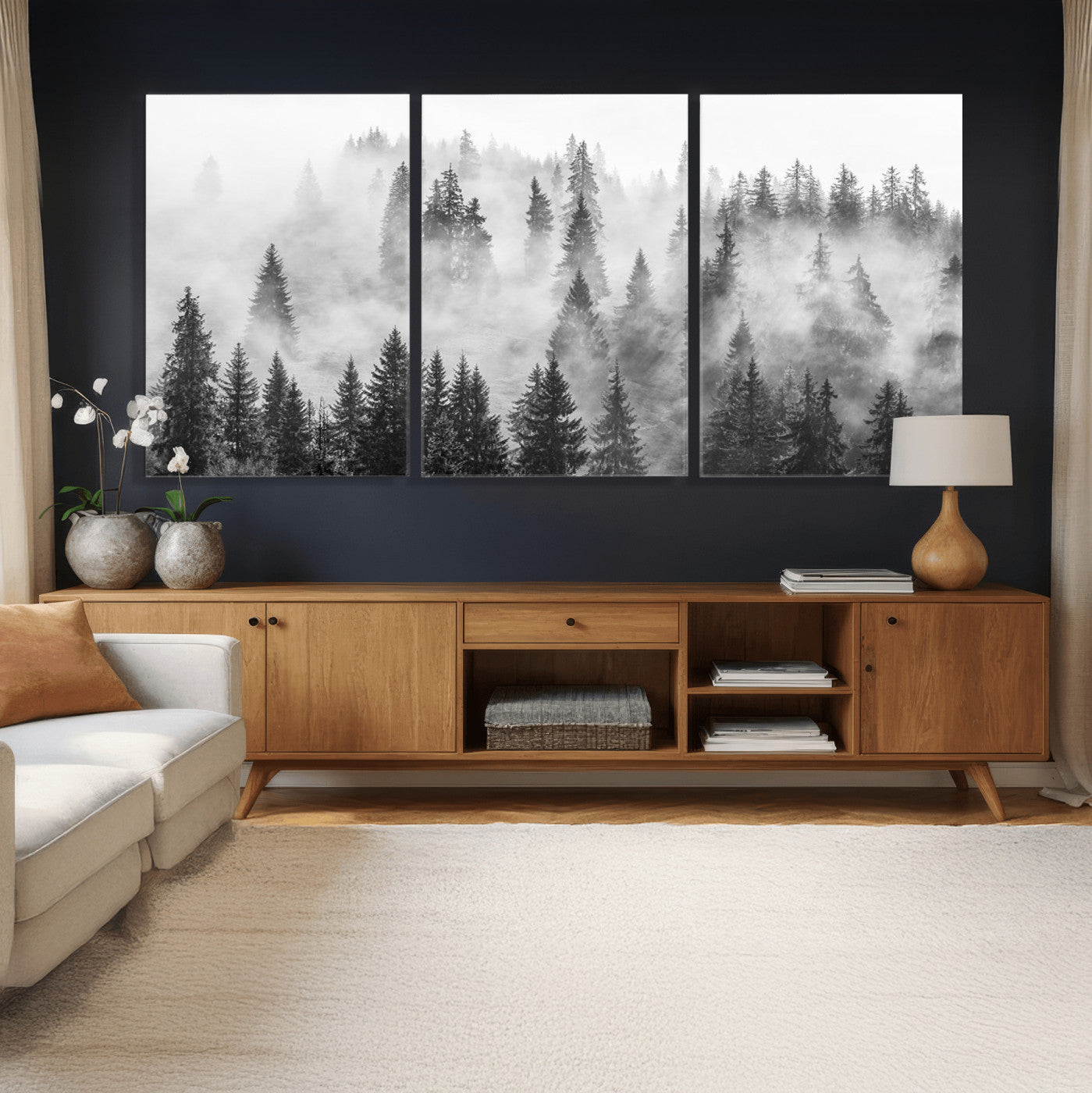 10422-MGV-CV-36X24 - Forest Wall Art Print | Foggy Pine Forest Canvas Wall Art - Black and White Nature Decor for Living