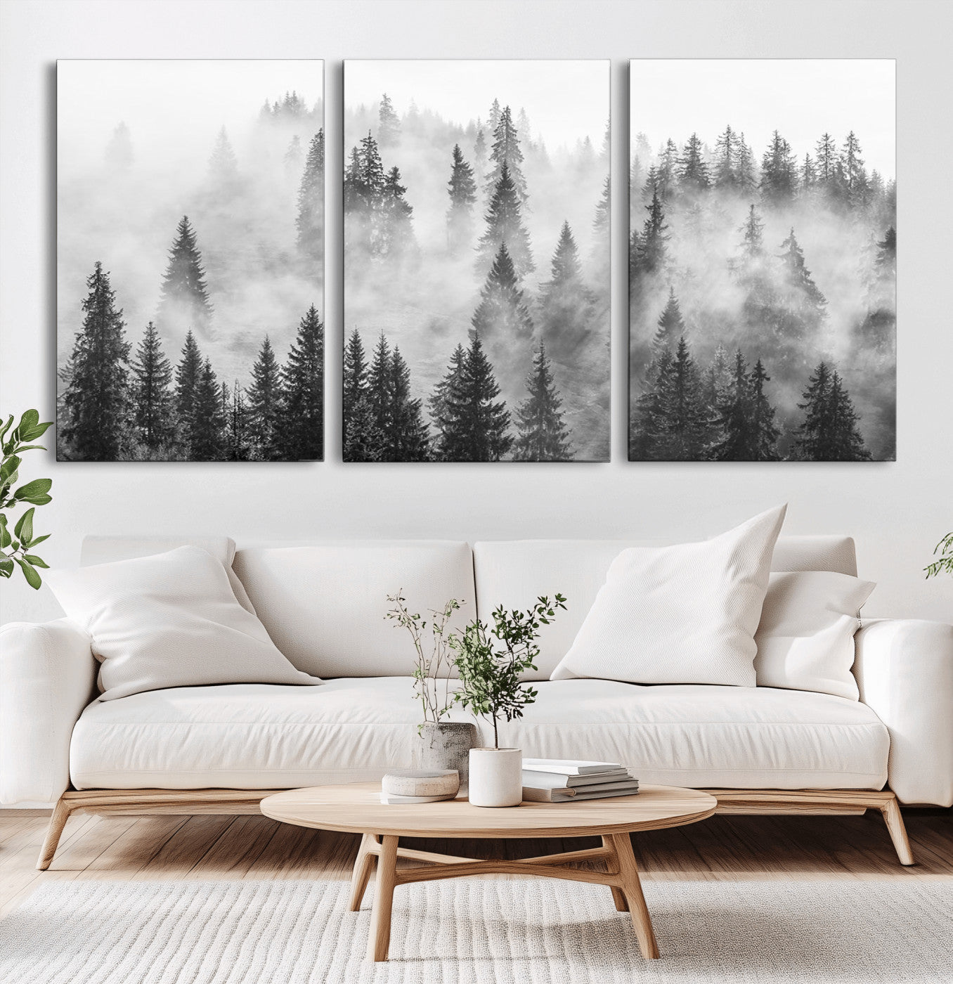 MGV-CV-60X30-3P - Forest Wall Art Print | Foggy Pine Forest Canvas Wall Art - Black and White Nature Decor for Living