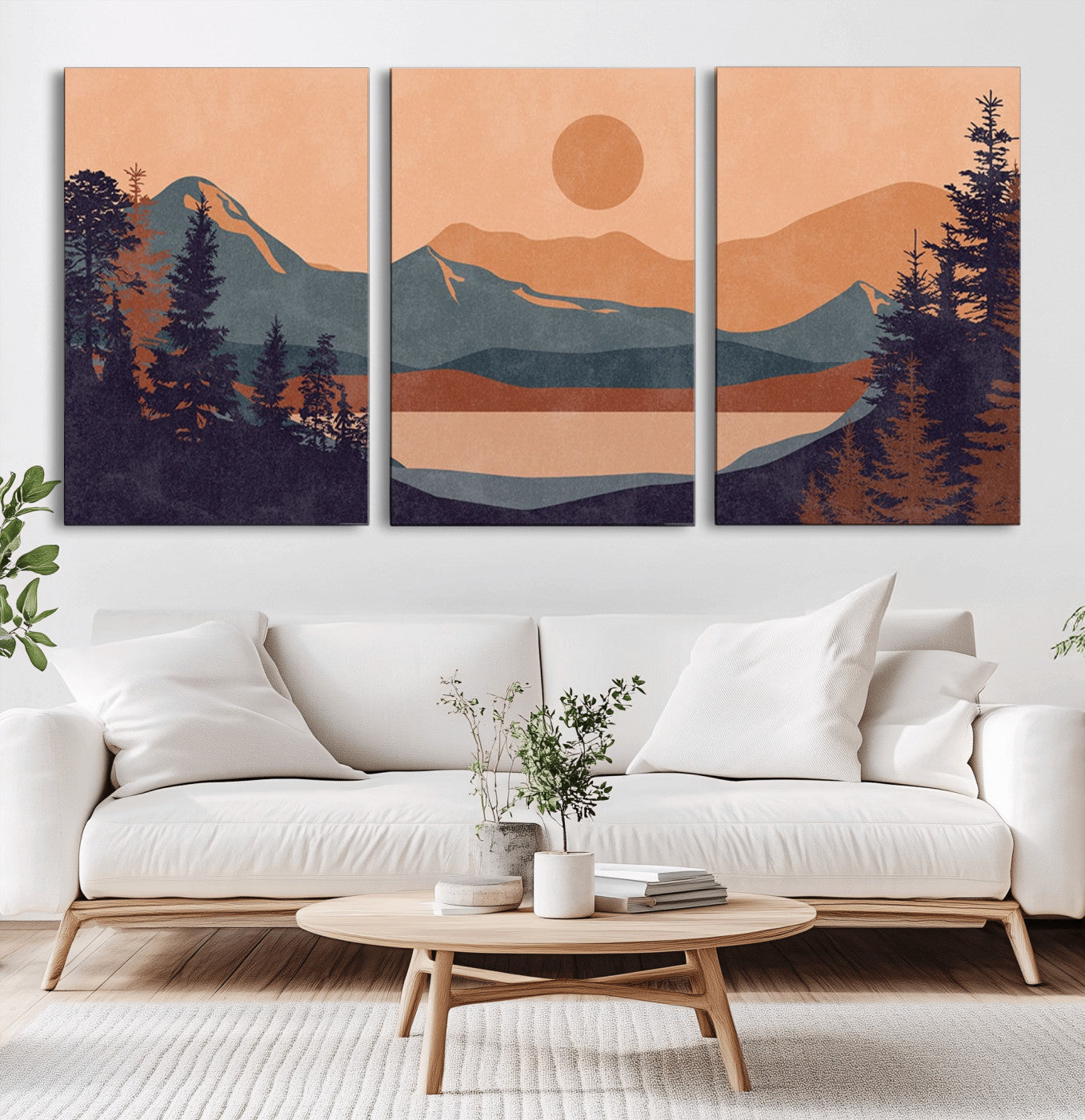 62795-MGV-CV-36X24-Modern Boho Sunset Canvas Print, Mountain Landscape Triptych – Giclée Canvas Art Print for Living