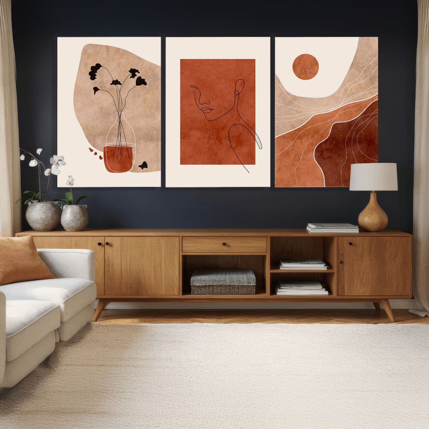 56768-MGV-CV-60X30-3P - Boho Sunset Mountain Canvas Print, Modern Boho Sunset Mountain Landscape Triptych – Giclée Canvas