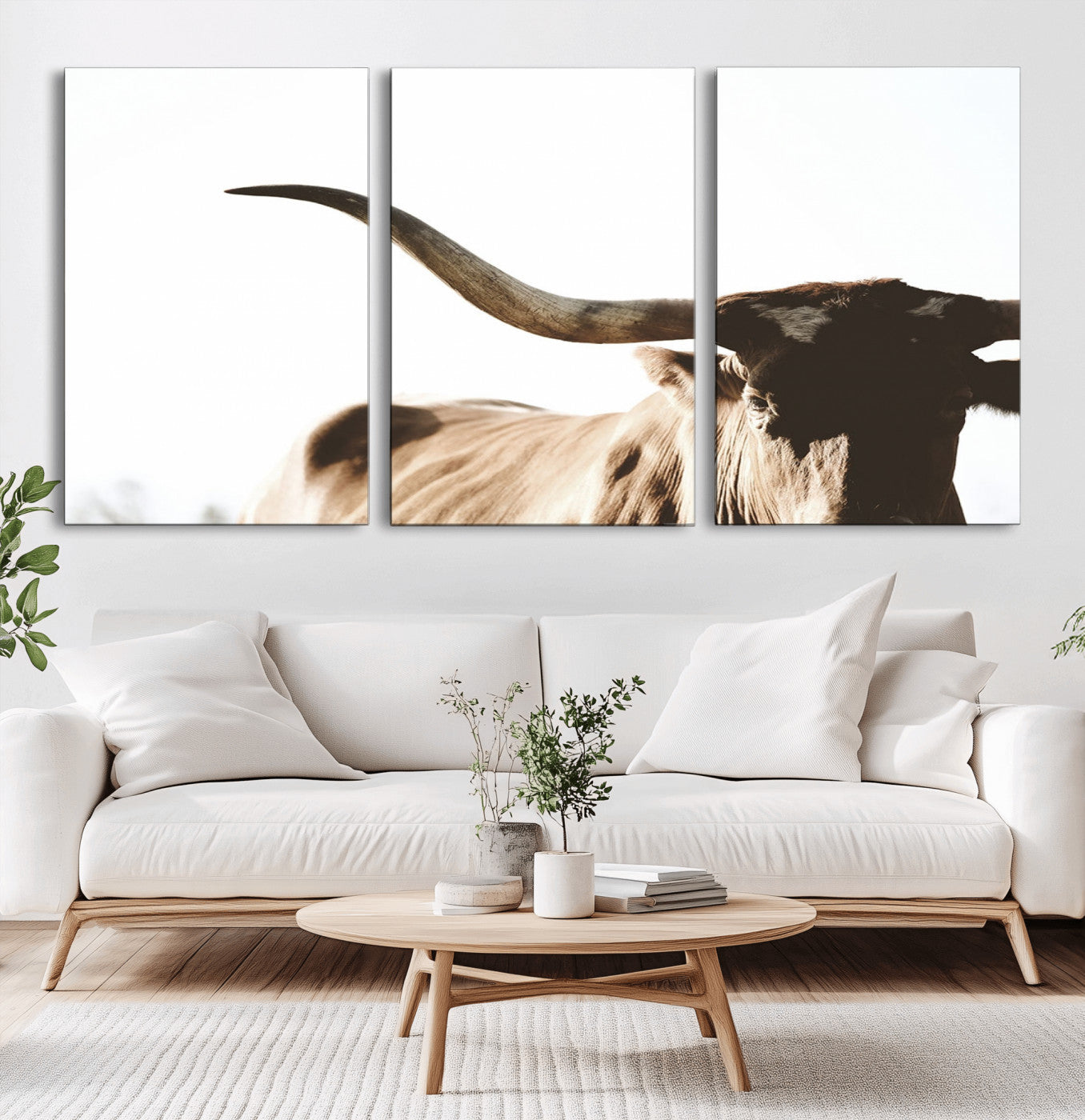 35866-MGV-CV-36X24-Texas Longhorn Wall Art Canvas Print | 3-Panel Large Longhorn Canvas Print for Living Room, Framed
