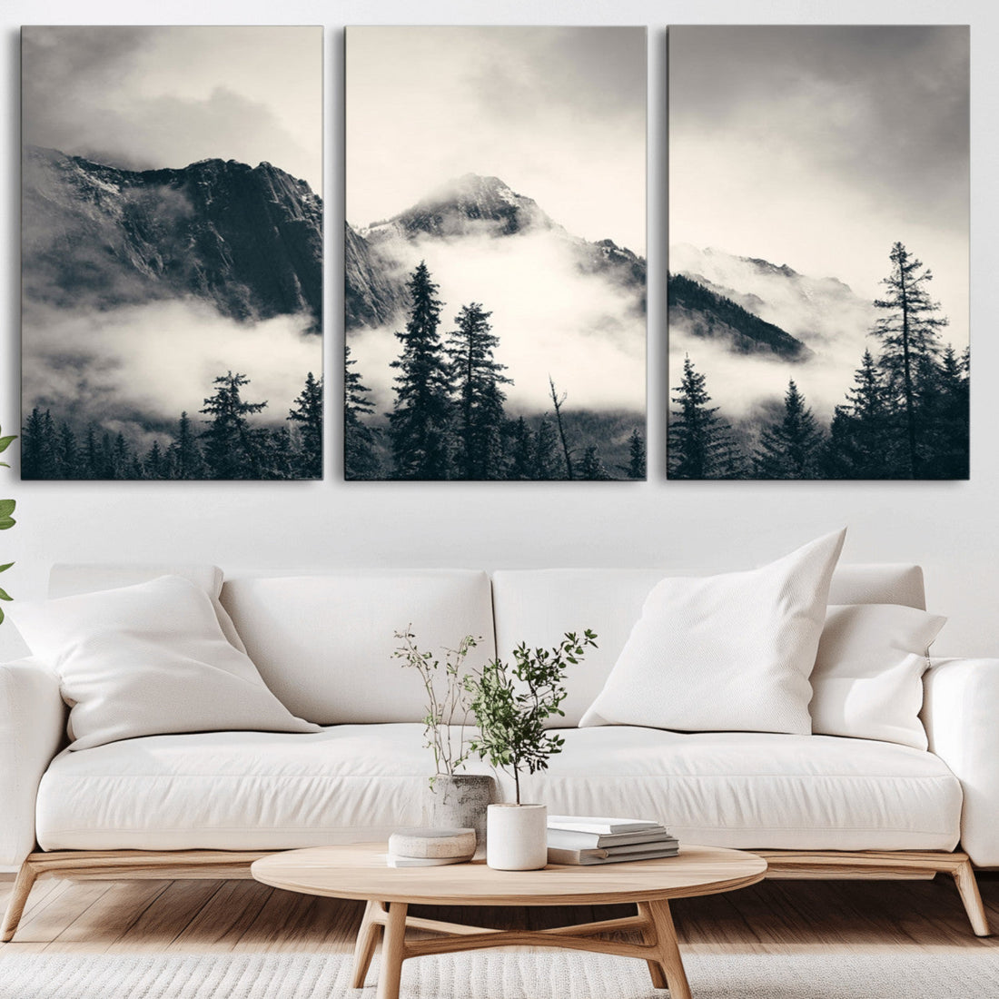 Forest Mountain Print | Black and White Canvas Wall Art with Misty Forest Design