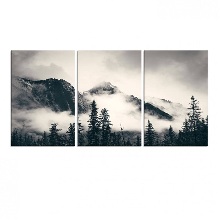 Forest Mountain Print - Black and White Canvas.