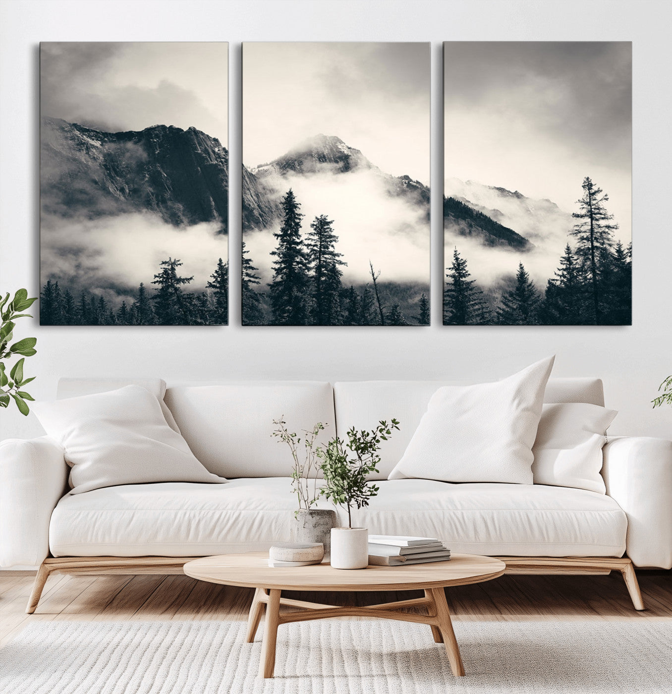MGV-CV-60X30-3P - Large Foggy Mountain Forest Wall Art Canvas Print | Misty Mountain Peaks and Pine Trees Print |