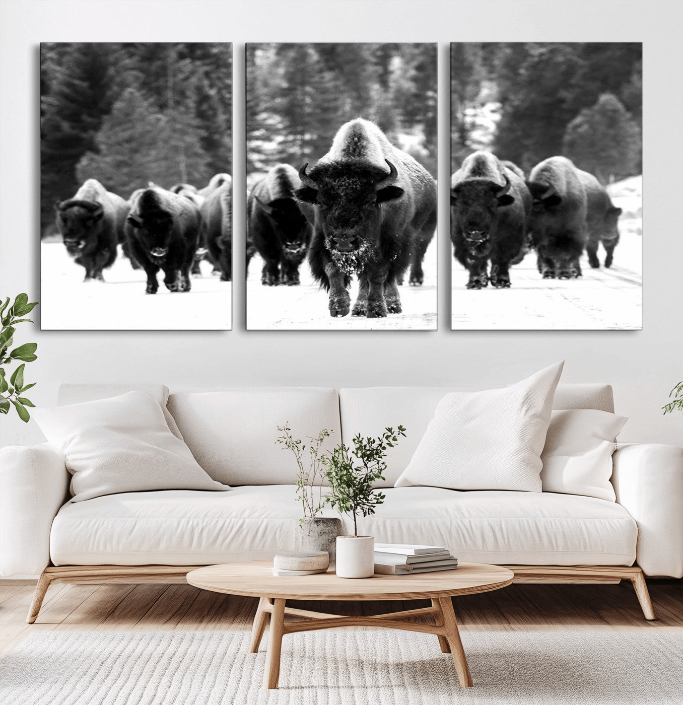 62434-MGV-CV-36X24-Bison Herd in Snow Wall Art Canvas Print | Rustic Western Bison Wall Art for Decor for Living Room,