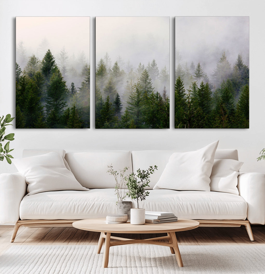 Misty Pine Forest Wall Art Canvas Print | 3 Panel Green Woodland Nature Decor