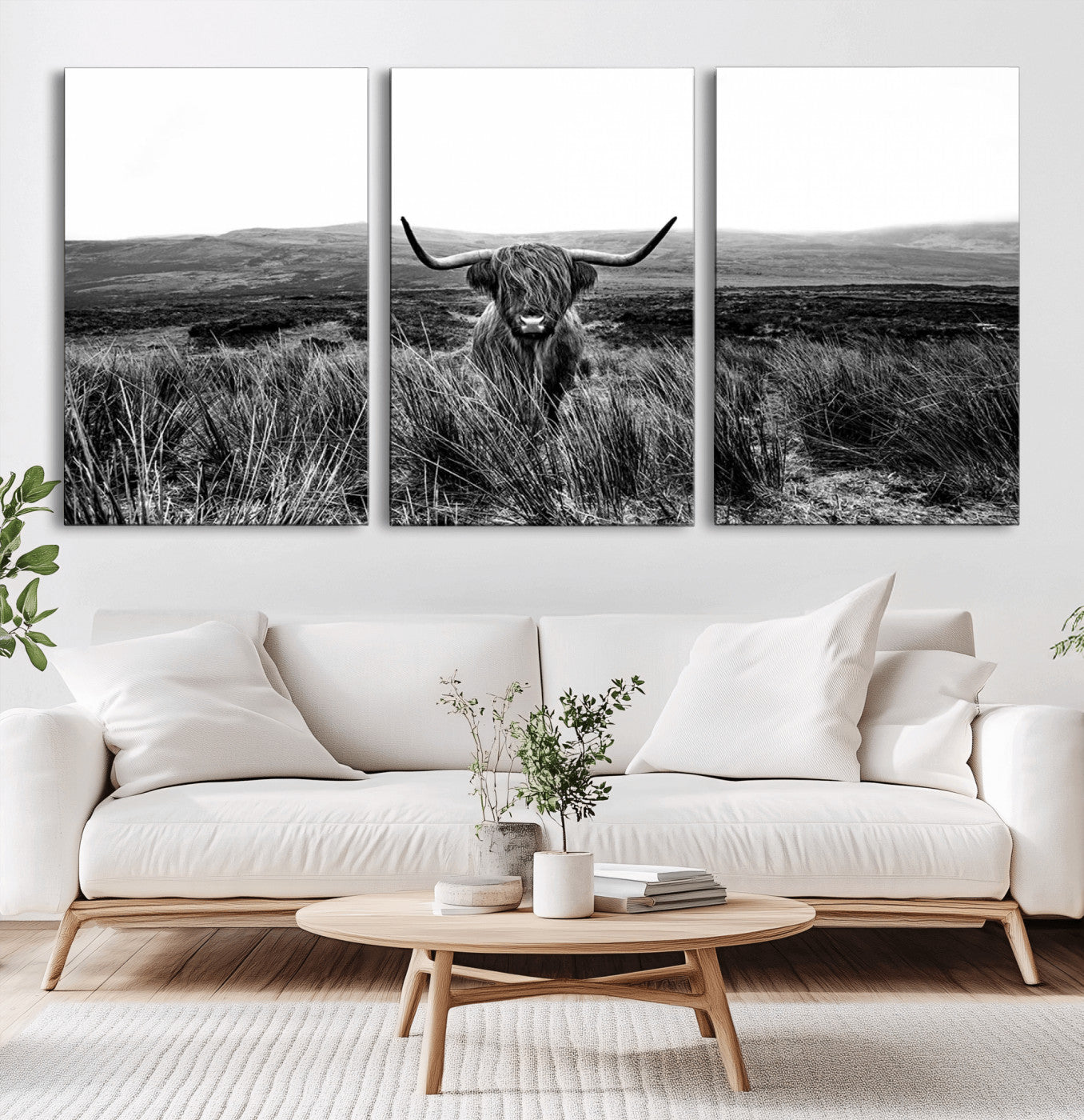 MGV-CV-60X30-3P - Black and White Highland Cow Canvas Wall Art, Longhorn Triptych Western Wall Decor for Cabin -