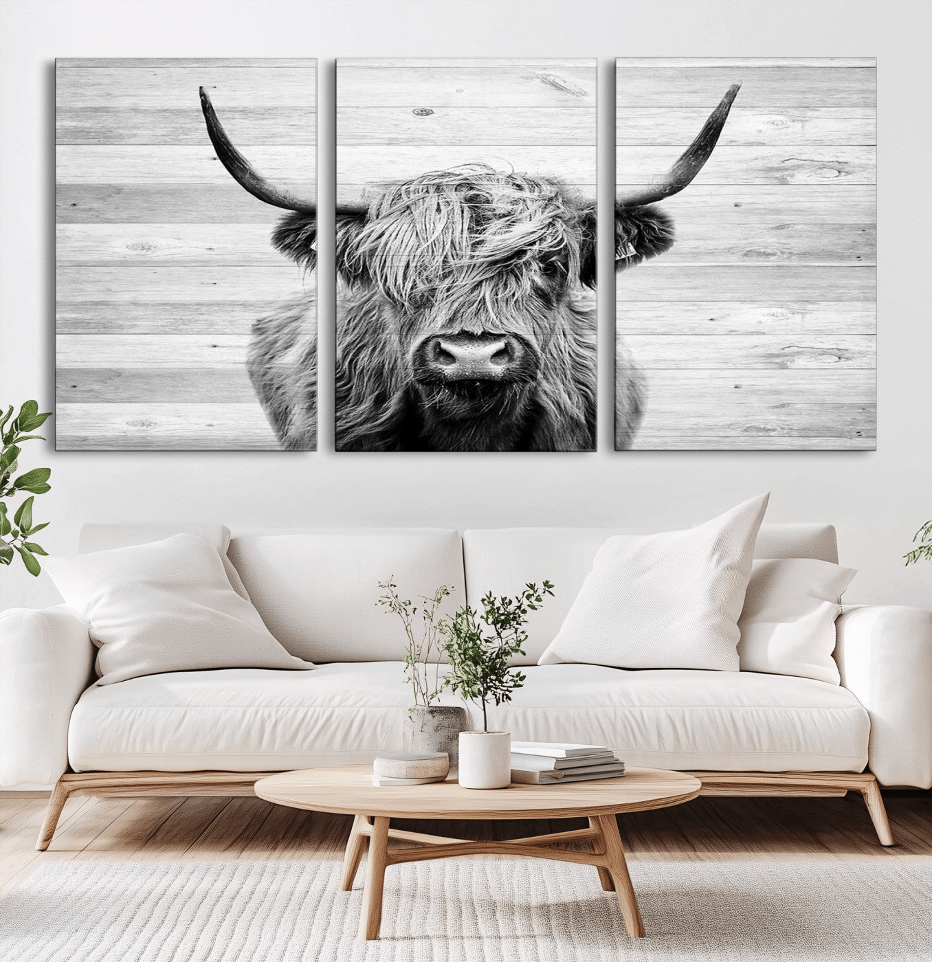 MGV-CV-60X30-3P - Scottish Highland Cow Cattle Art Print on Wood Background Style