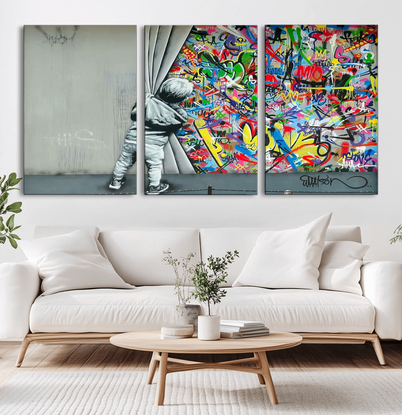 51713-MGV-CV-36X24-Banksy Colorful Street Graffiti Canvas Wall Art Print, Modern Art Triptych, Child and Graffiti Wall,