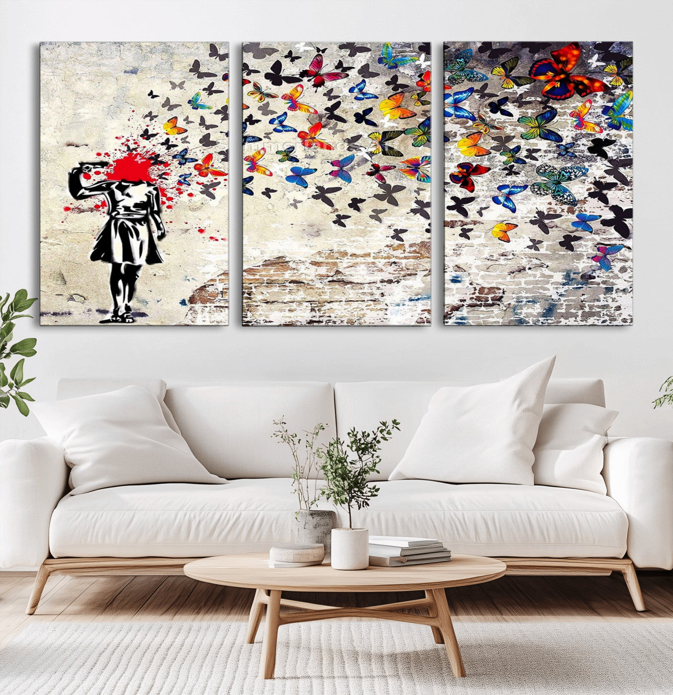 MGV-CV-60X30-3P - Banksy Art Butterfly Girl Explosion Canvas Art – Vibrant Urban Graffiti for Modern Interiors - Ready