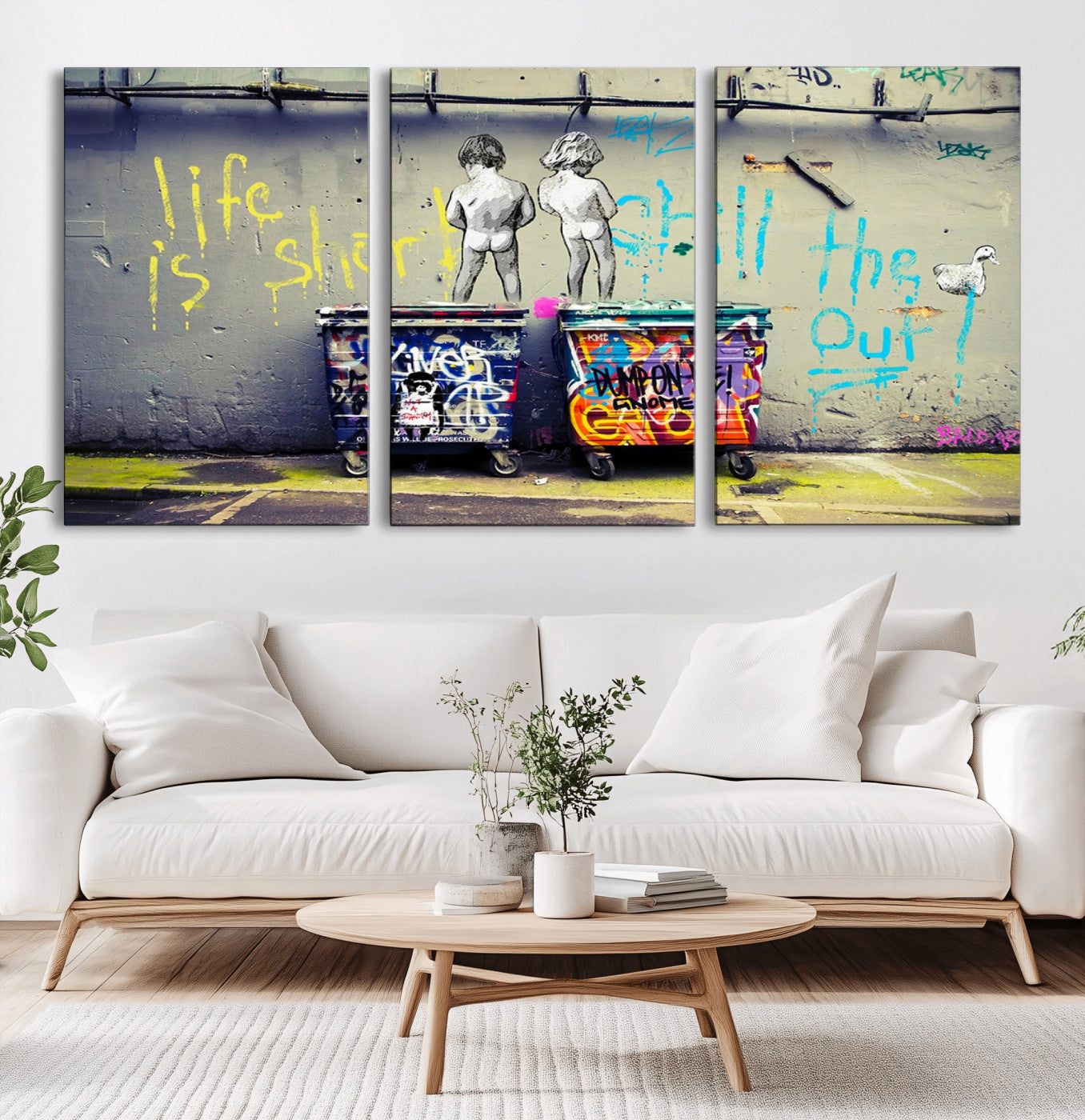 MGV-CV-60X30-3P - Banksy Life is Short Wall Art - Iconic Graffiti Art on Framed Ready-to-Hang Canvas - Street Art
