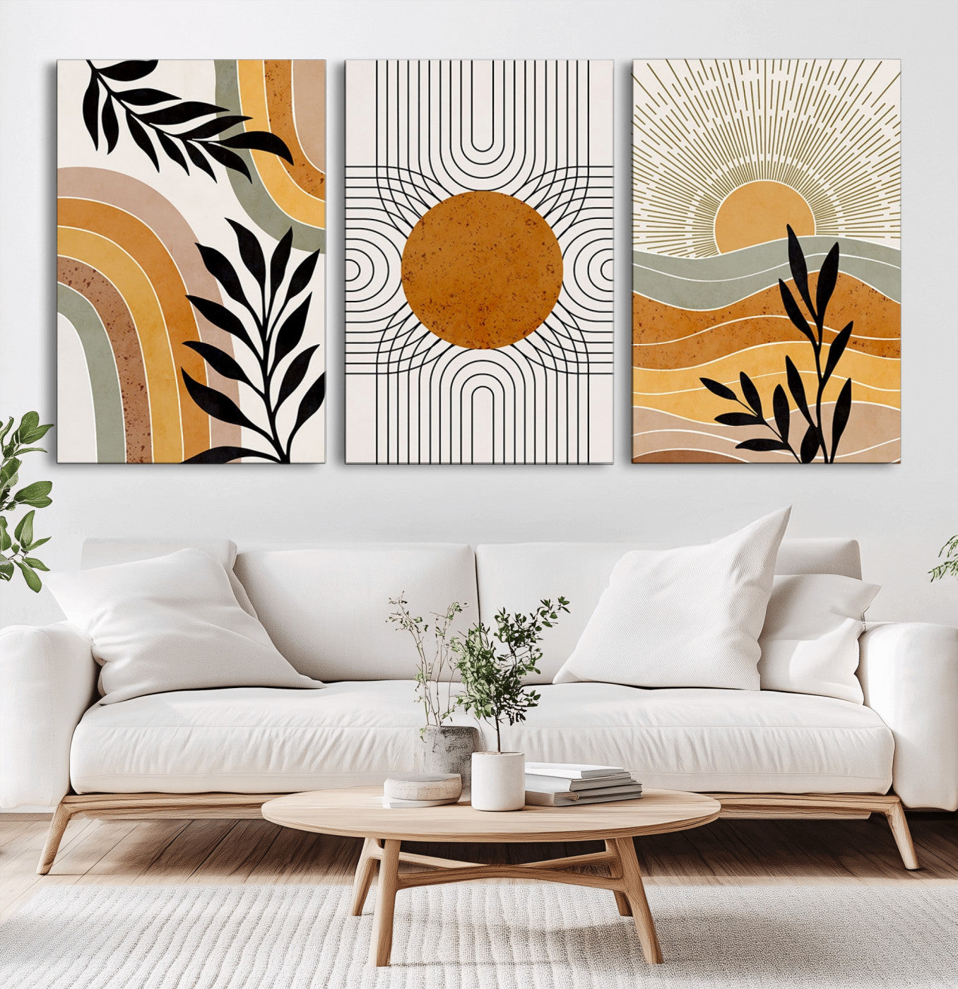 MGV-CV-60X30-3P - Modern Boho Sun and Leaf Abstract Art – 3-Panel Giclée Canvas for Mid-Century Modern or Bohemian Wall Decor