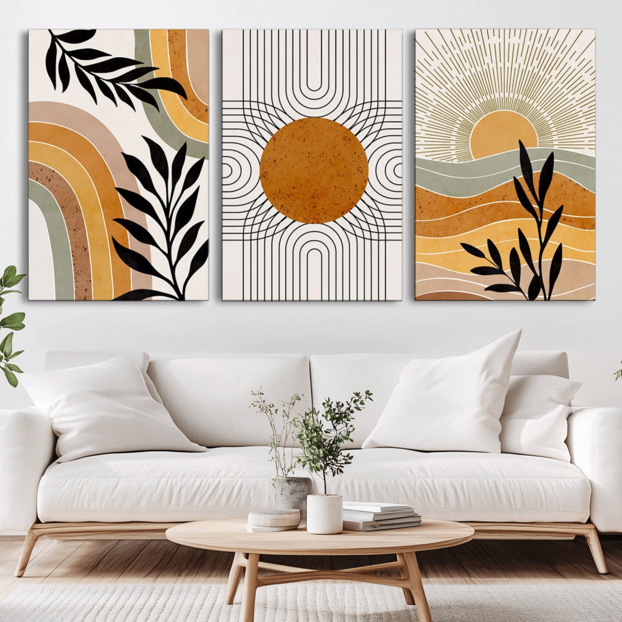 -Modern Boho Sun and Leaf Abstract Art – 3-Panel Giclée Canvas for Mid-Century Modern or Bohemian