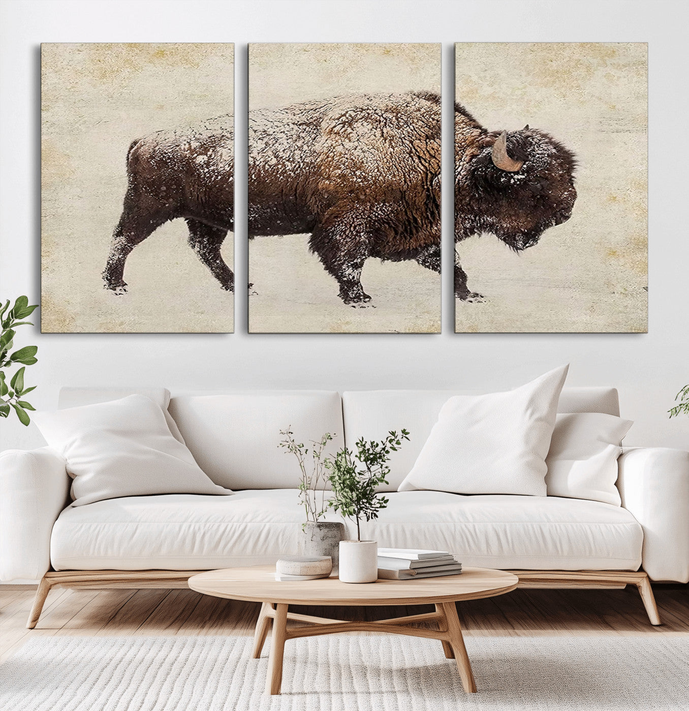 MGV-CV-60X30-3P - Buffalo Wall Art, Western Bison Canvas Print, Rustic Buffalo Art for Cowboy Western Decor, Large Multi-Panel Giclee Canvas for Farmhouse Wall Decor