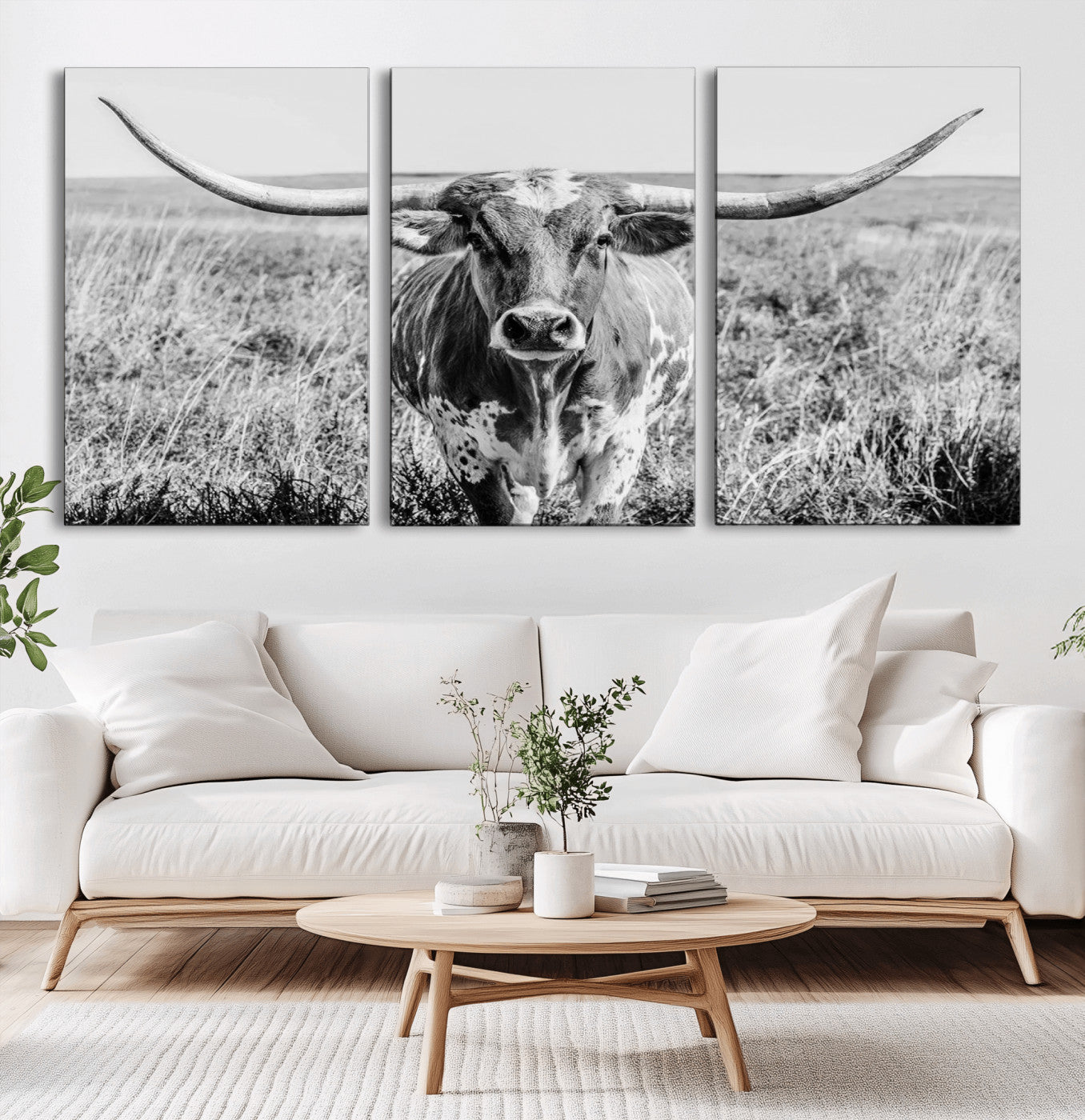 MGV-CV-60X30-3P - Texas Cow Longhorn Wall Art Canvas Print for Farm House Wall Decor, Farmhouse Wall Art Print