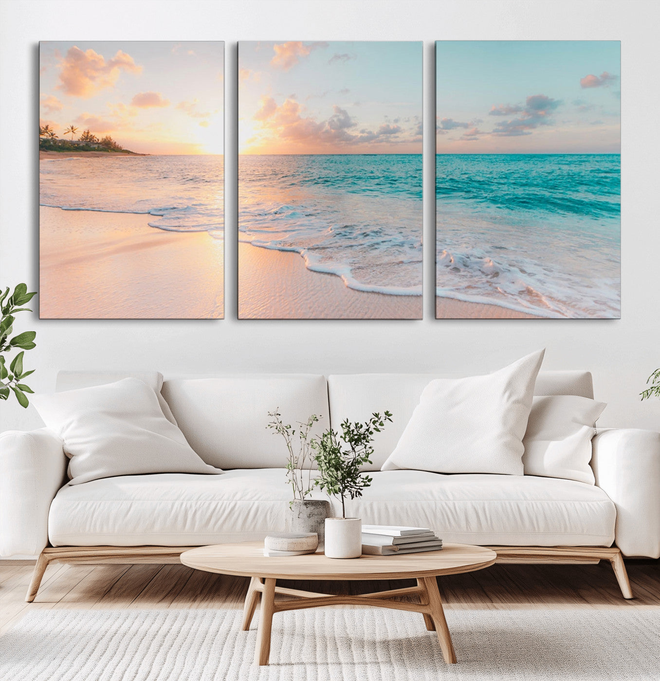 MGV-CV-60X30-3P - Beach Sunrise Wall Art, Coastal Seascape Canvas Print, Ocean Wave Multi-Panel Giclee, Coastal Sunset