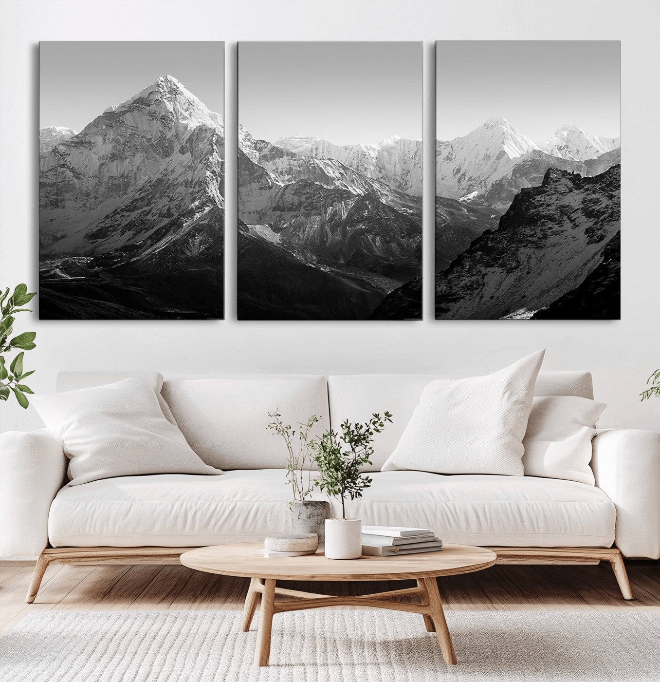 MGV-CV-60X30-3P - Everest Himalaya Mountain Peaks Black & White Triptych Canvas Art – Mountain Wall Decor, Everest
