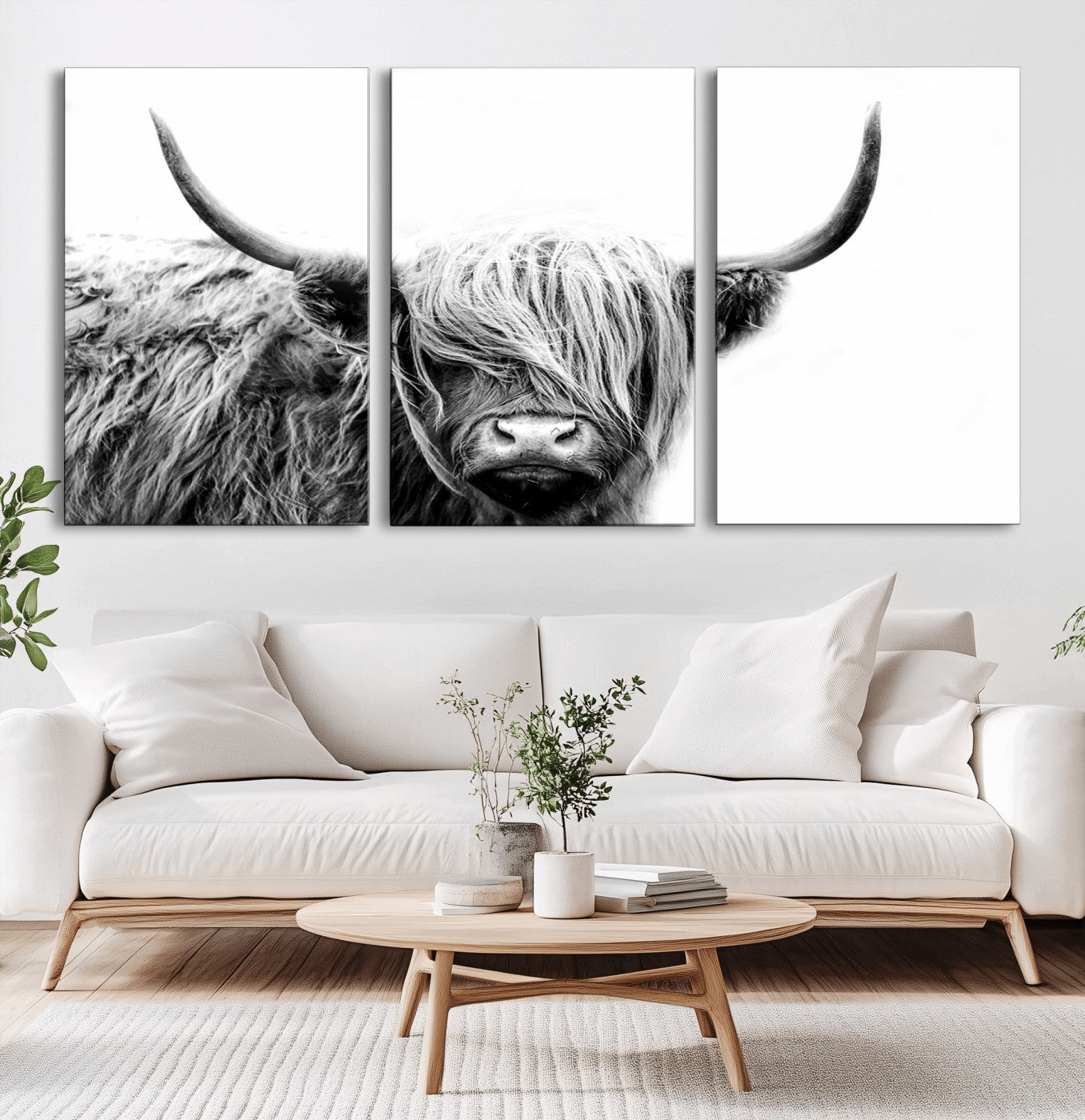 MGV-CV-60X30-3P - Black White Scottish Highland Cow Cattle Art Print Farmhouse Wall Art Canvas Print