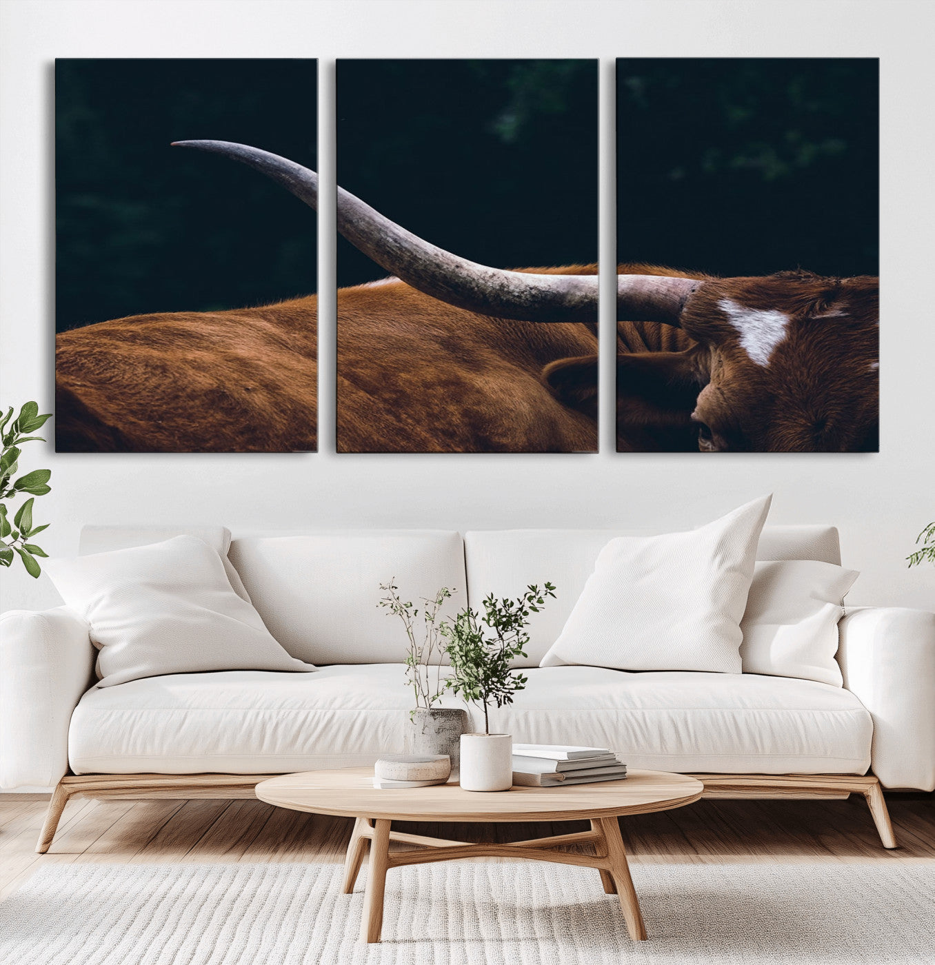 MGV-CV-60X30-3P - Texas Longhorn Bull Wall Art Canvas Print - Large Framed Canvas Wall Art, Animal Print for Rustic Home or Office Décor, Farmhouse Cabin Wall Decor