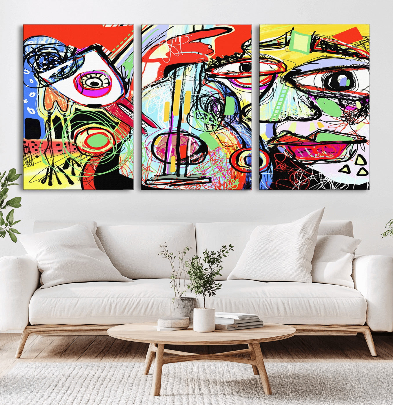 MGV-CV-60X30-3P - Picasso Style Art Abstract Canvas Wall Art Print , Colorful Abstract Artwork
