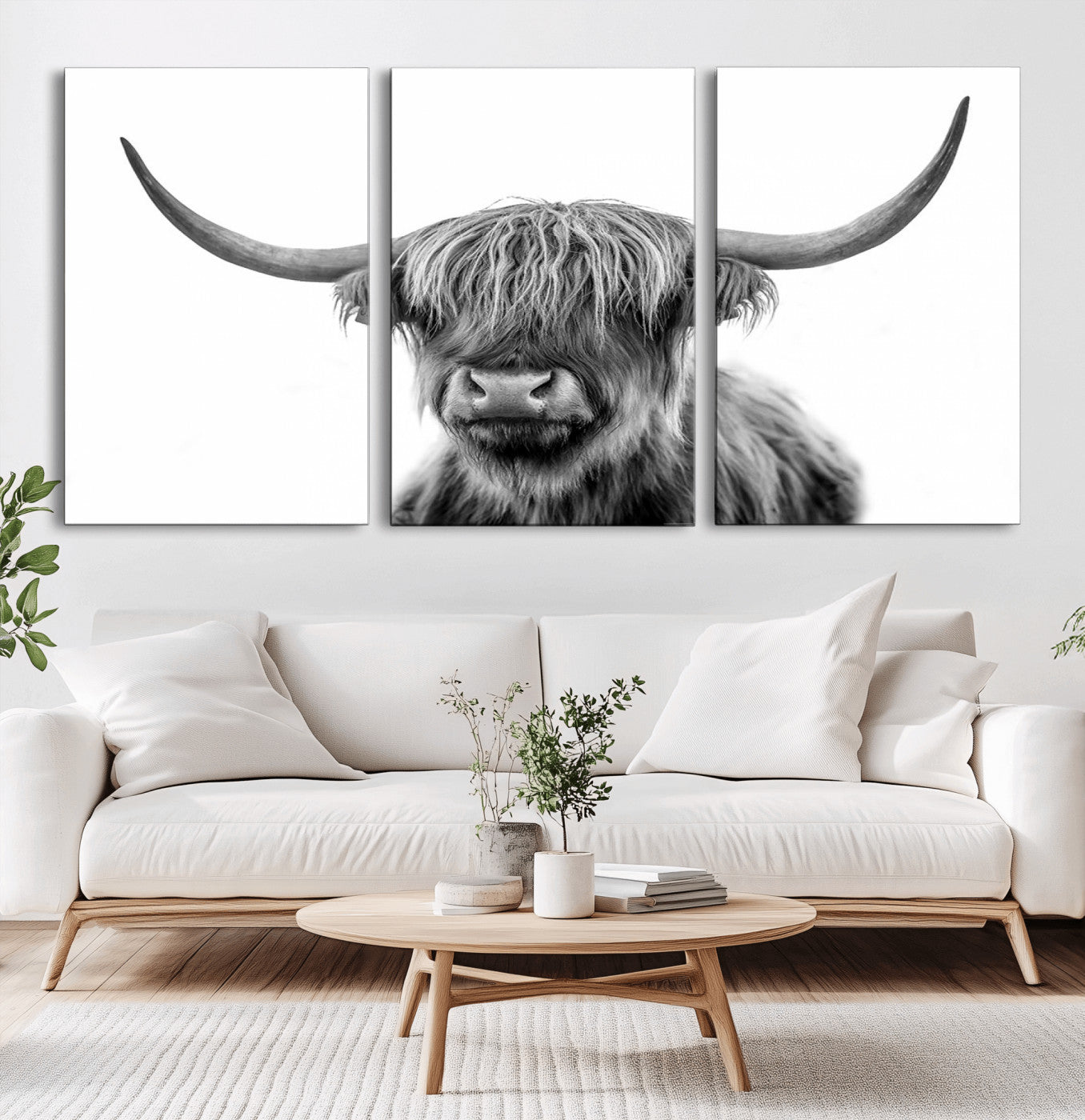 -Grayscale Scottish Highland Cow Cattle Art Print Farmhouse Wall Art Canvas Print