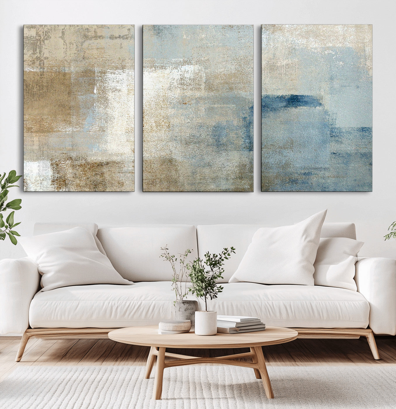 MGV-CV-60X30-3P - Abstract Blue and Beige Wall Art, Modern Minimalist Canvas Print Set, Giclee Textured Art, Large