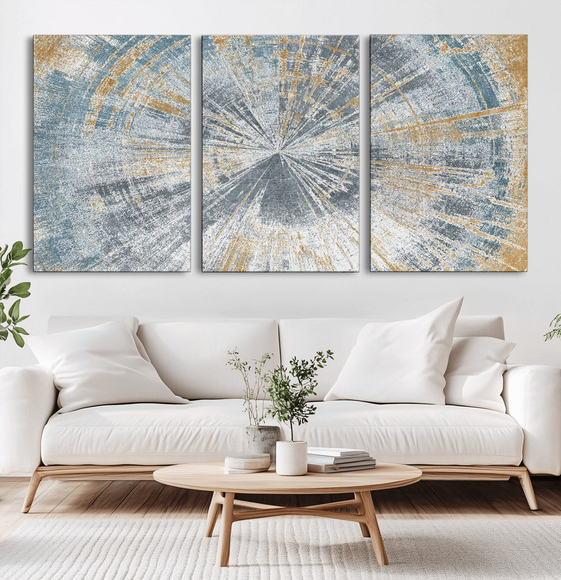 Radiant Abstract Wood Rings Canvas Art, Modern Triptych Wall Decor for Living Room or Office