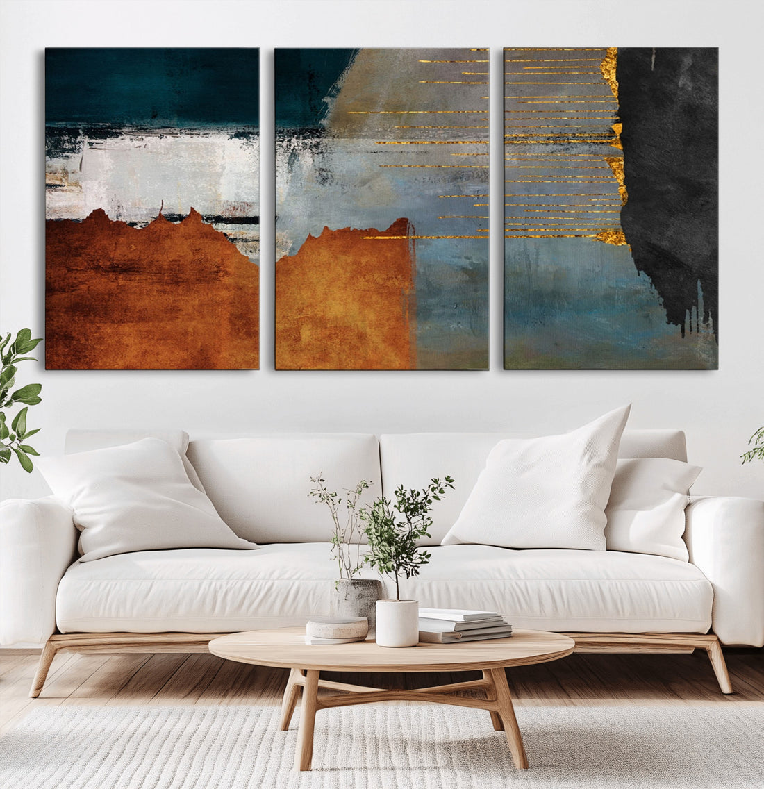 Modern Abstract Canvas Art Canvas Print, Orange, Teal and Gold Triptych, Framed and Ready to Hang