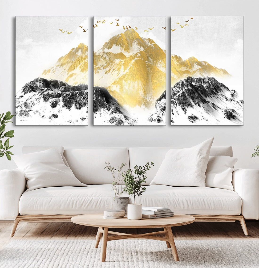 Golden Mountain Triptych Wall Art Canvas Print, Modern Gold and Black Landscape Decor