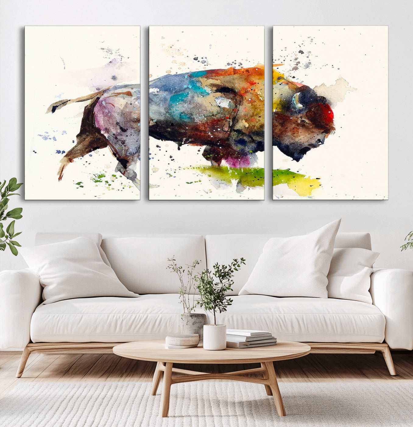MGV-CV-60X30-3P - Abstract Buffalo Wall Art, Western Watercolor Bison Canvas Print, Rustic Buffalo Art for Cowboy and Western Decor, Large Multi-Panel Giclee Canvas