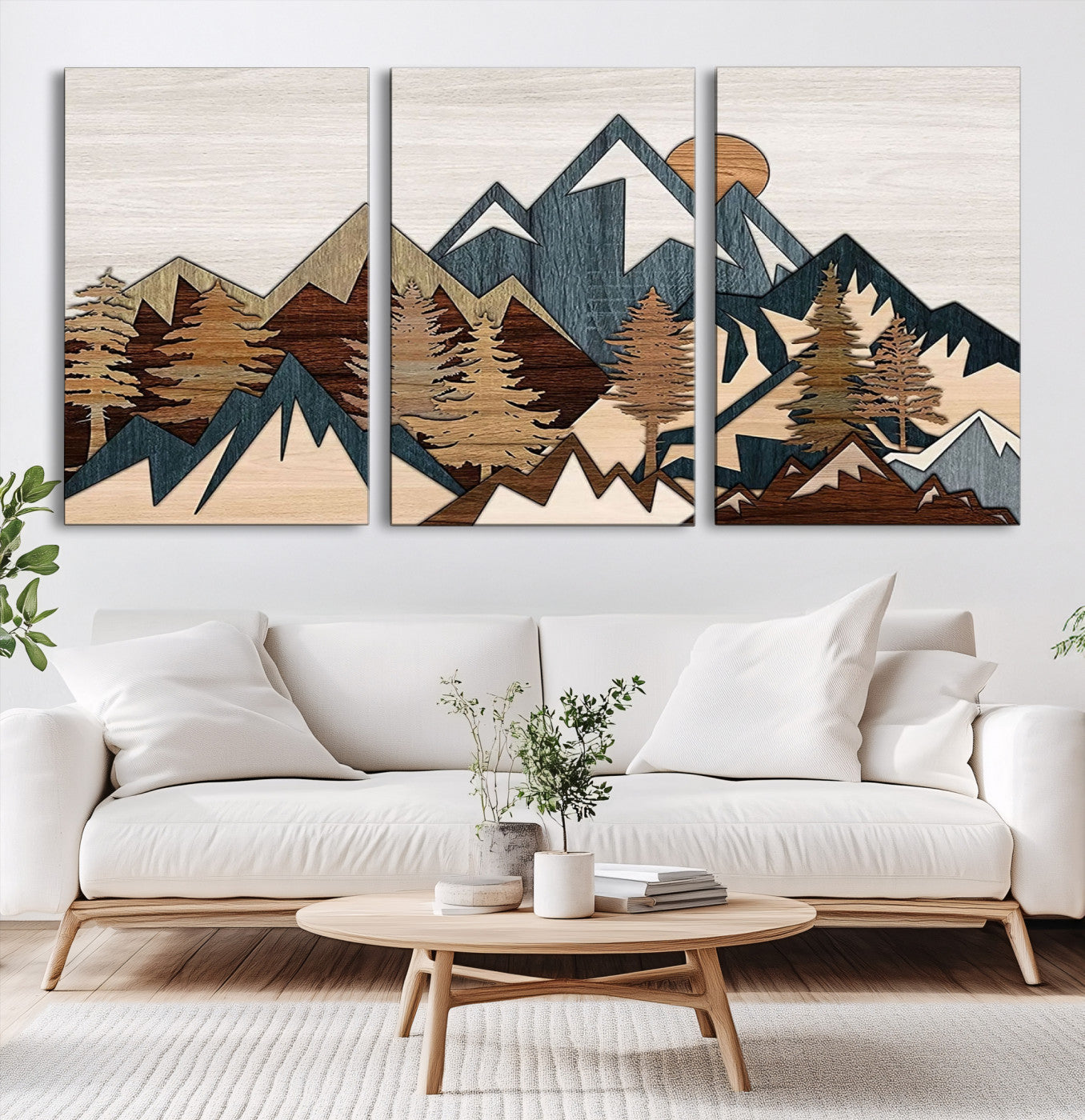 67950-MGV-CV-60X30-3P-Rustic Abstract Wood Panel Effect Canvas Mountain Range Top Wood Wall Art Canvas Print