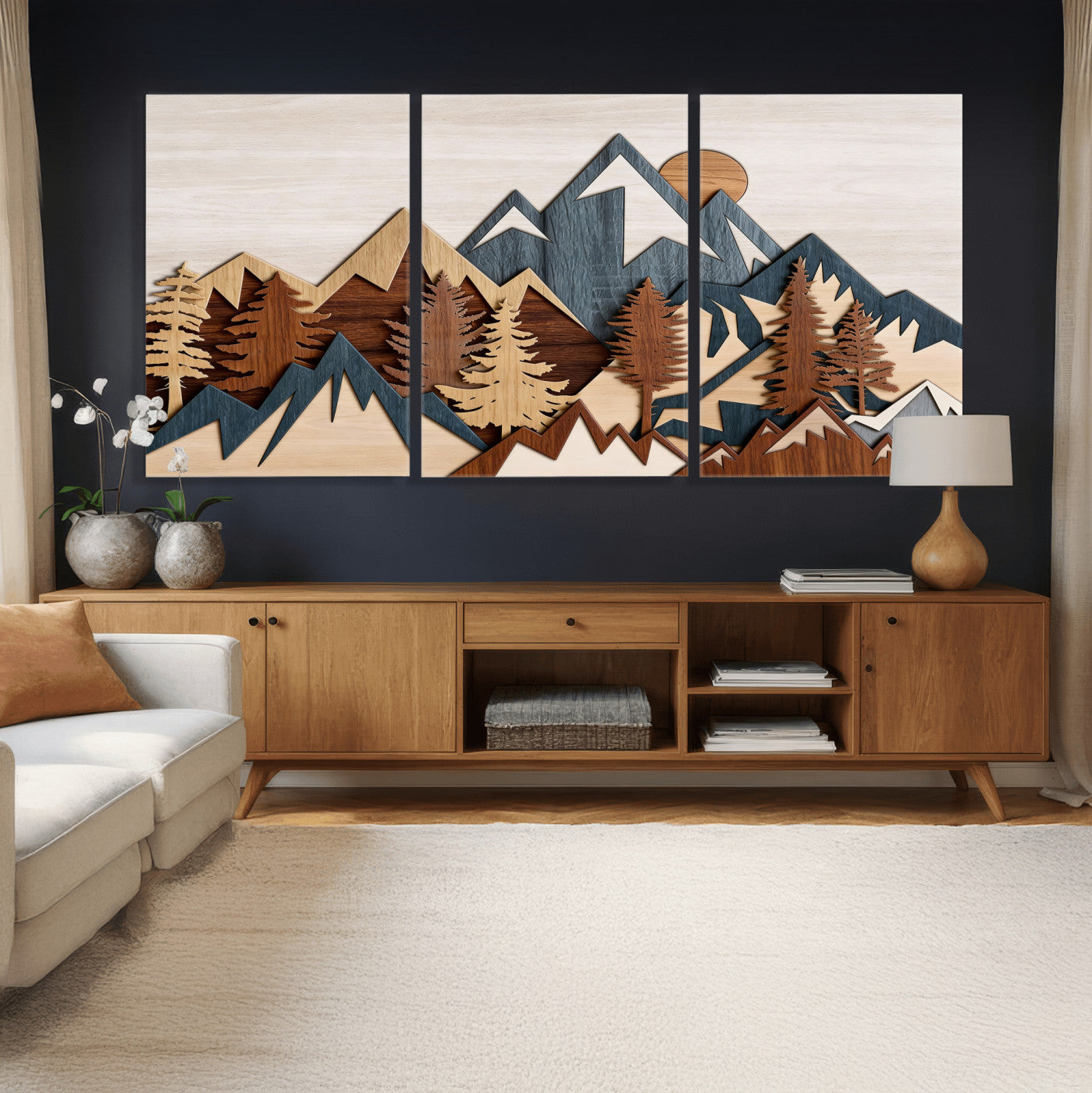 67950-MGV-CV-36X24 - Woodland Mountain Landscape Triptych, Giclee Canvas Art for Modern Home, Rustic Wooden Nature Wall