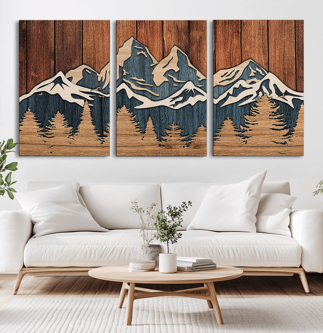 MGV-CV-60X30-3P - Rustic Wood Style Mountain Wall Art, Nature Forest Canvas Print, Wooden Textured Mountain Artwork, Handcrafted Landscape Decor for Farmhouse Decor