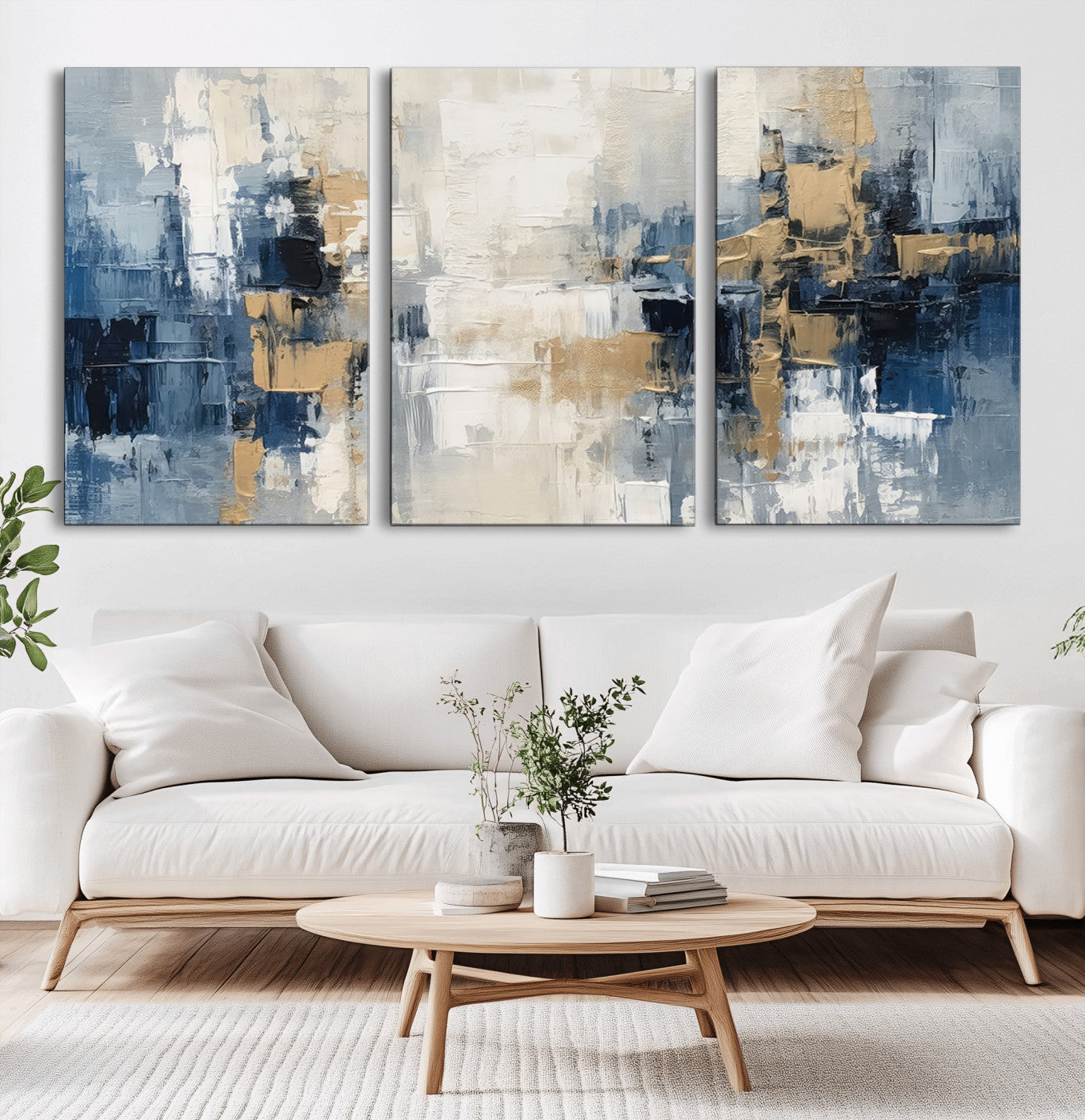 MGV-CV-60X30-3P - Modern Abstract Canvas Wall Art in Blue and Gold Tones | Large Contemporary Art for Living Room, Office, or Bedroom Décor