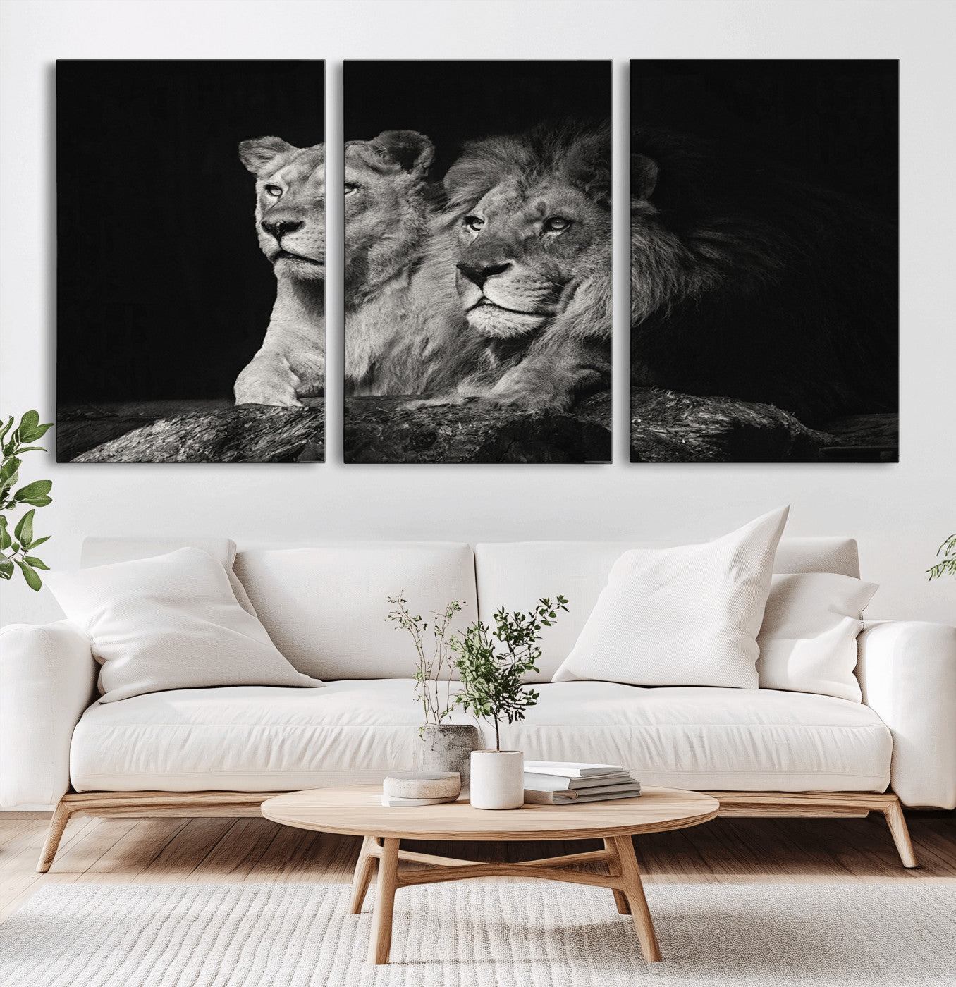 MGV-CV-60X30-3P - Lion Couple Canvas Wall Art Print – Elegant Wildlife Portrait in Black and White Lion Family – Ready to Hang