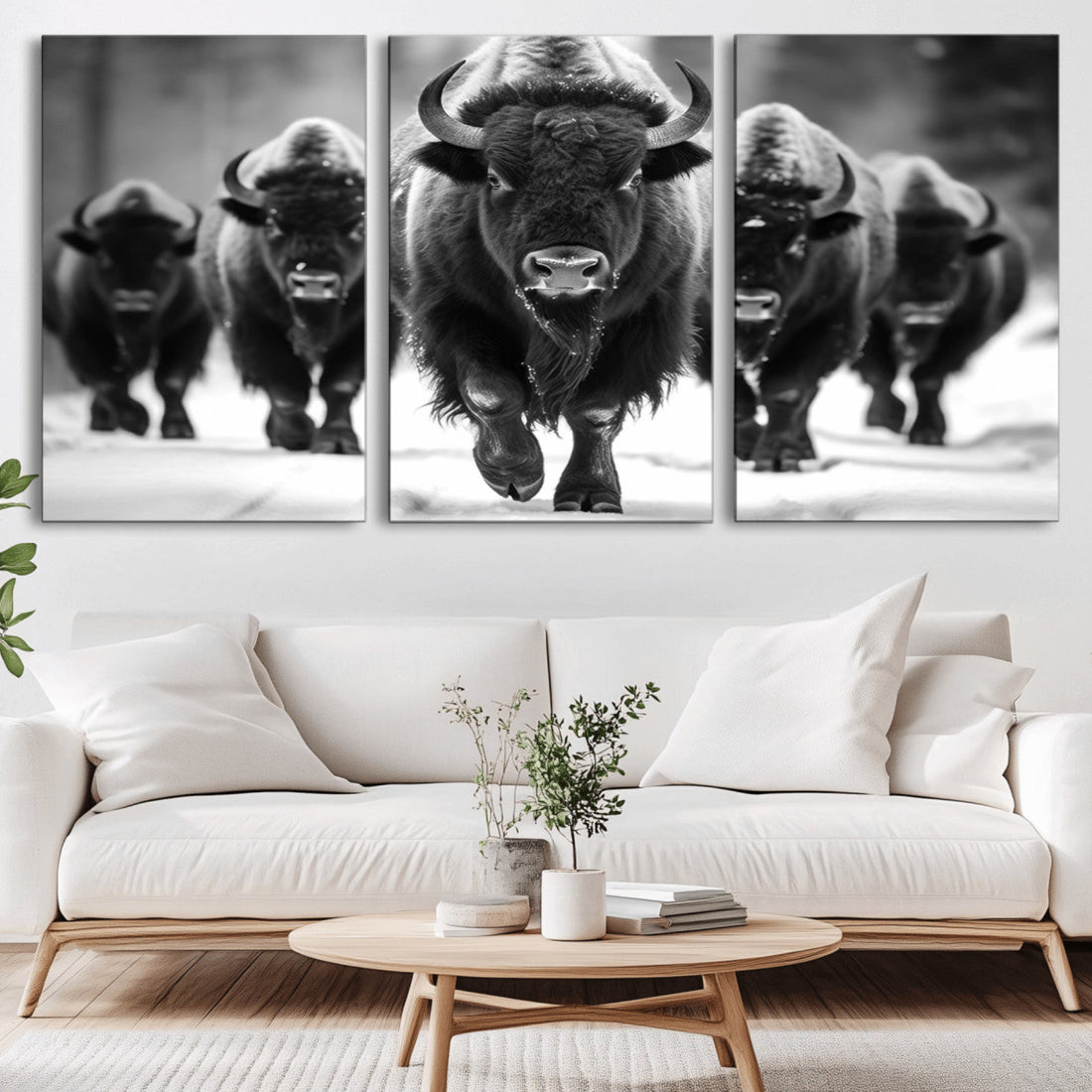 American Bison Art, Buffalo Herd Wall Art Canvas Print, Black and White
