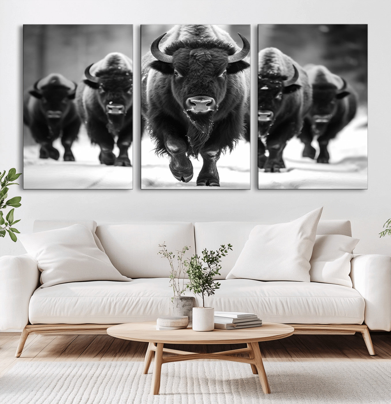 MGV-CV-60X30-3P - American Bison Art | Buffalo Herd Wall Art Canvas Print, BW American Bison Herd Wall Art Canvas