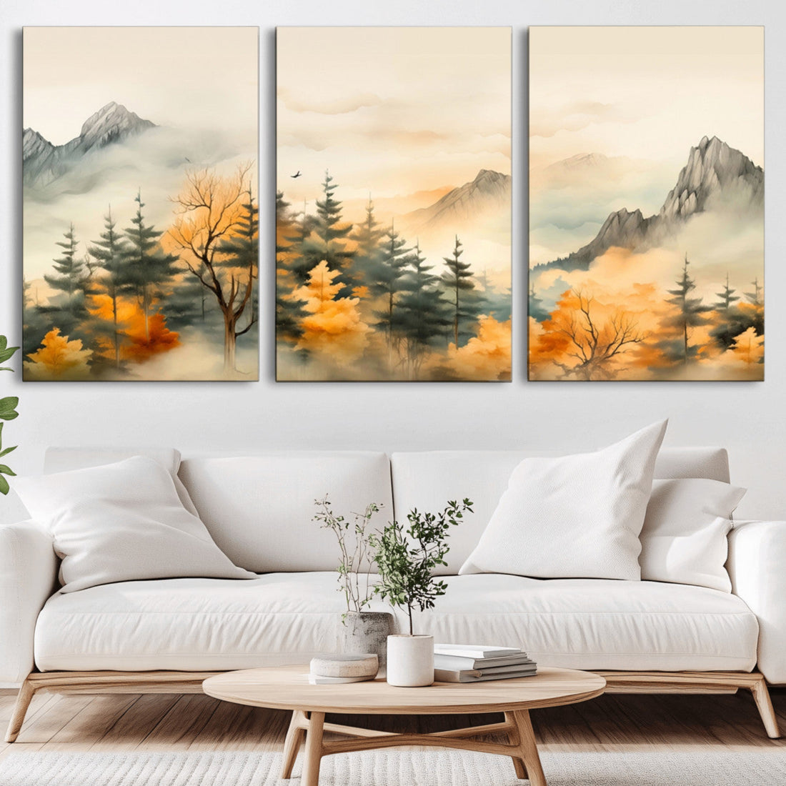 Abstract Watercolor Mountains and Trees Autumn Art, Watercolor Mountains and Trees Canvas Print