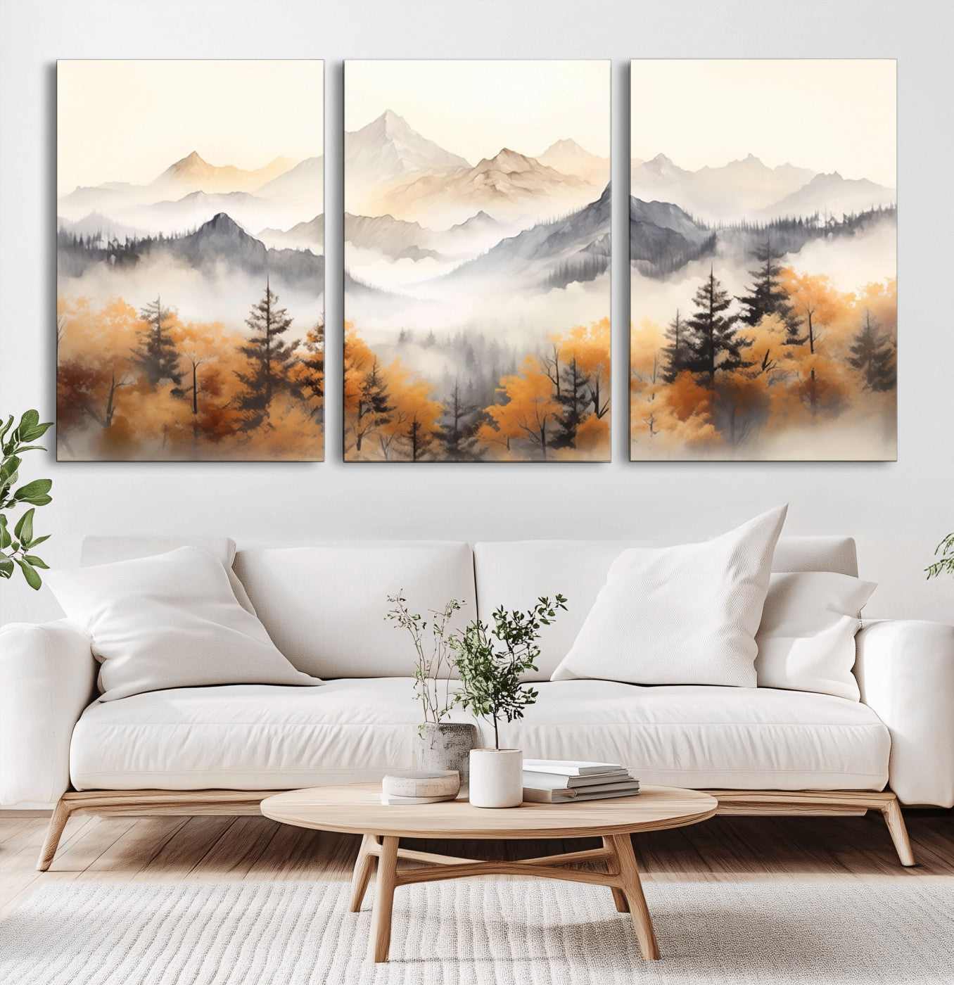 MGV-CV-60X30-3P - Mountain and Forest Landscape Wall Art | Misty Autumn Forest and Mountains Canvas Print for Living Room, Bedroom, Office | Large Wall Art Decor