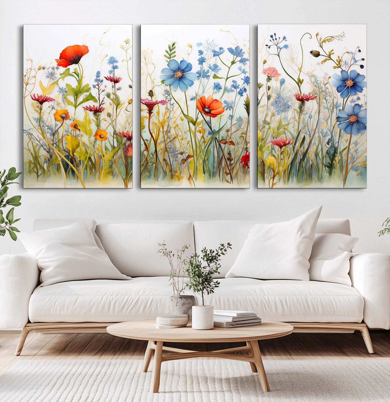MGV-CV-60X30-3P - Colorful Wildflower Canvas Wall Art - Vibrant Floral Botanical Print, Bright Nature Decor for Living Room, Large 3 Panel Set, Ready to Hang