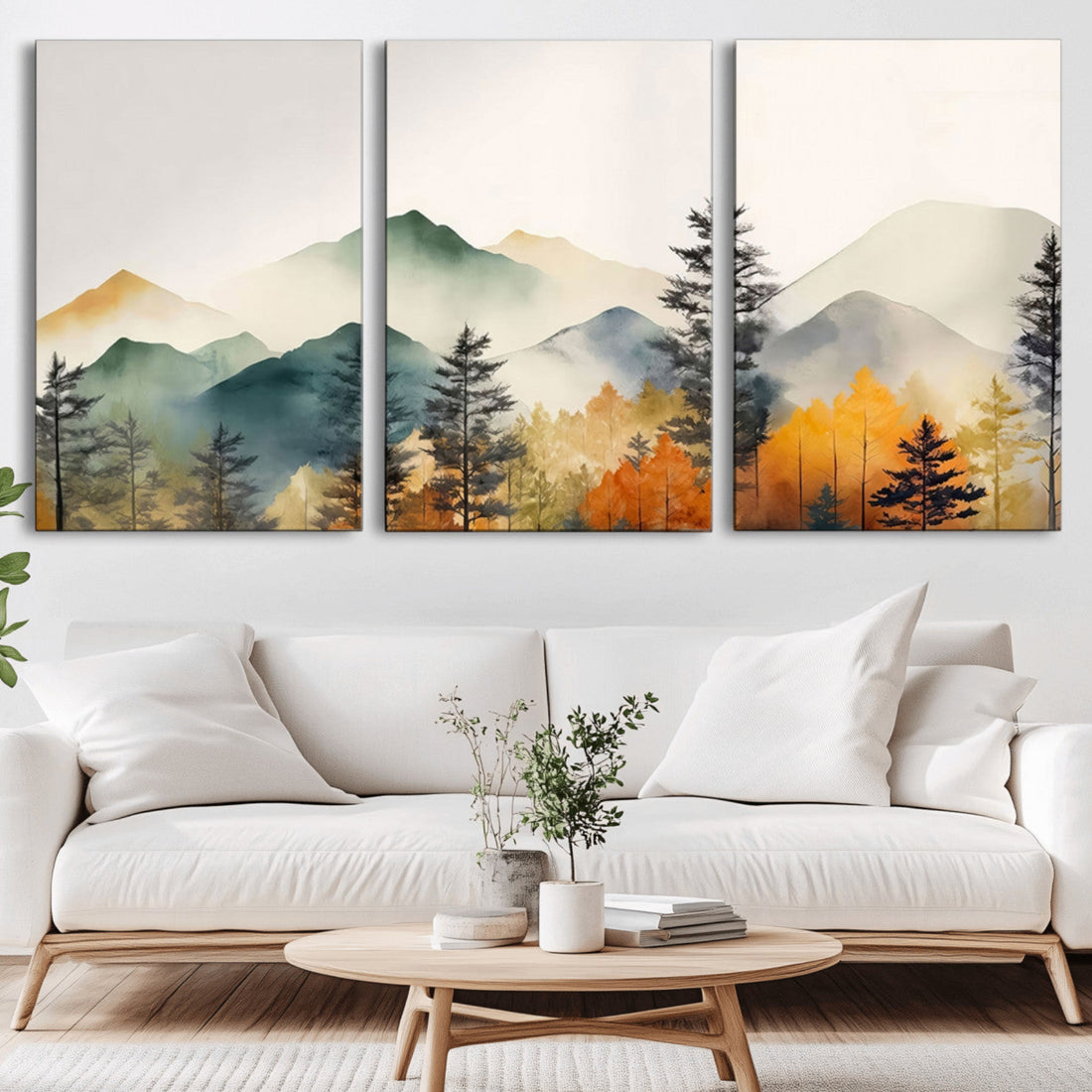 Abstract Watercolor Mountains and Trees Autumn Wall Art, Mountains and Trees Autumn Canvas Print