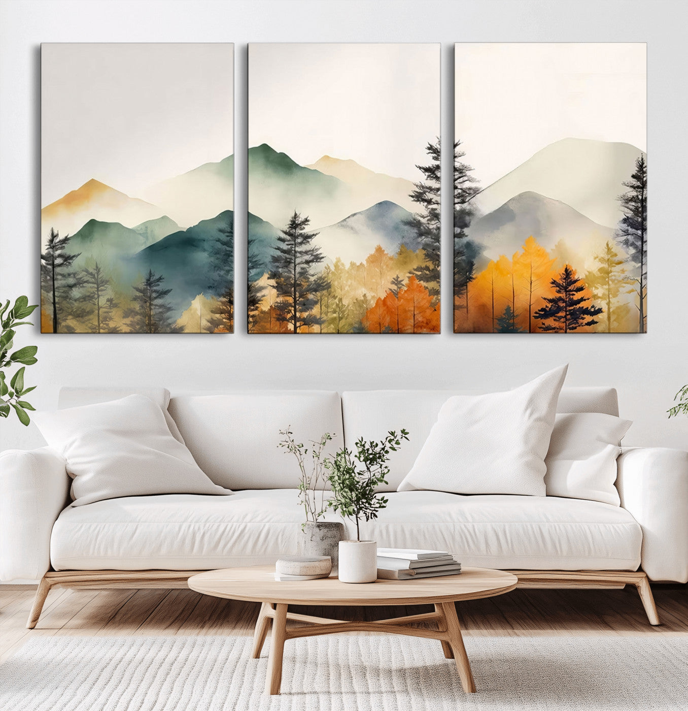 -Abstract Watercolor Mountains and Trees Autumn Wall Art, Mountains and Trees Autumn Wall Art Canvas