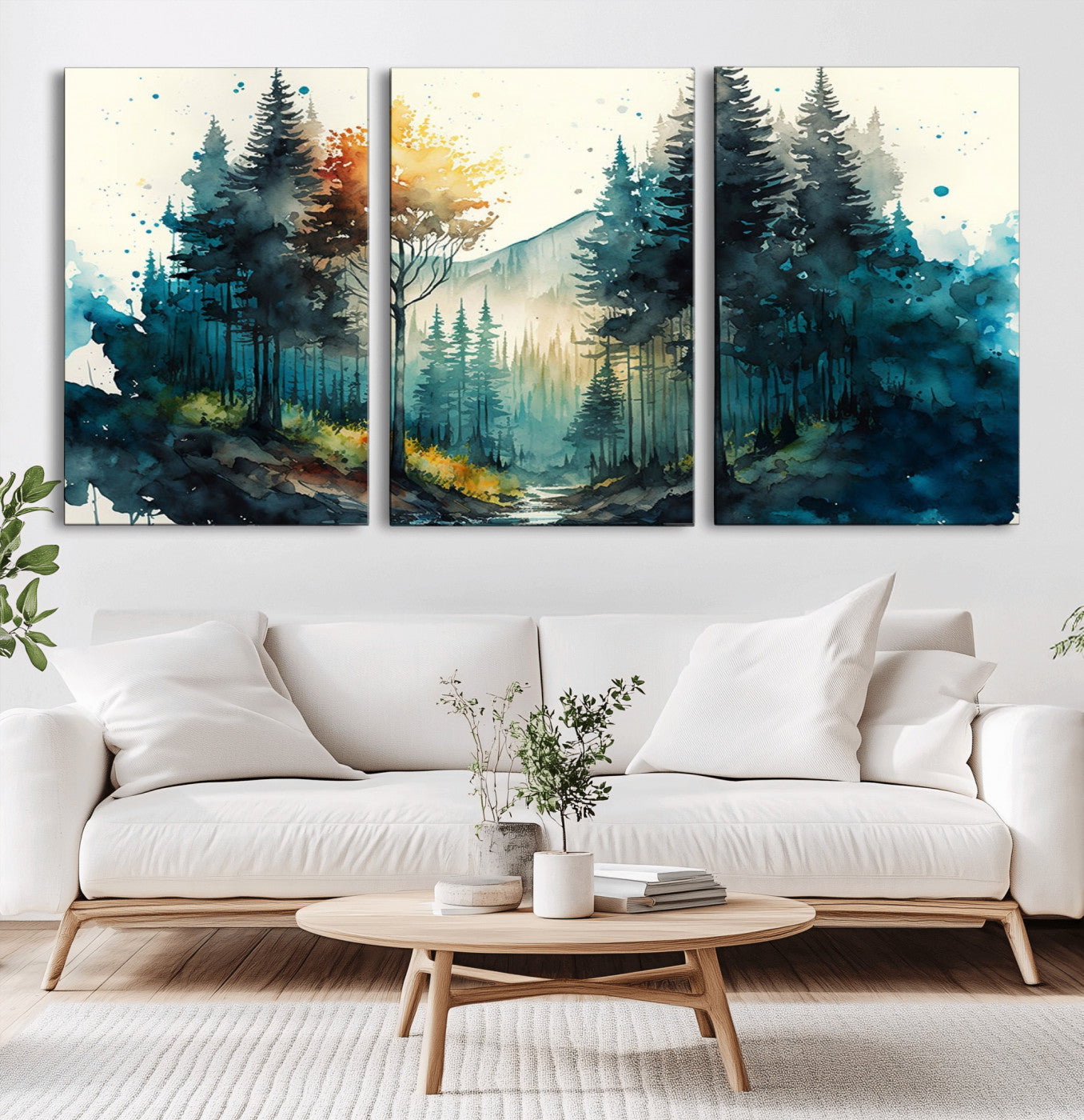 MGV-CV-60X30-3P - Watercolor Trees Forest Abstract Wall Art Canvas Print