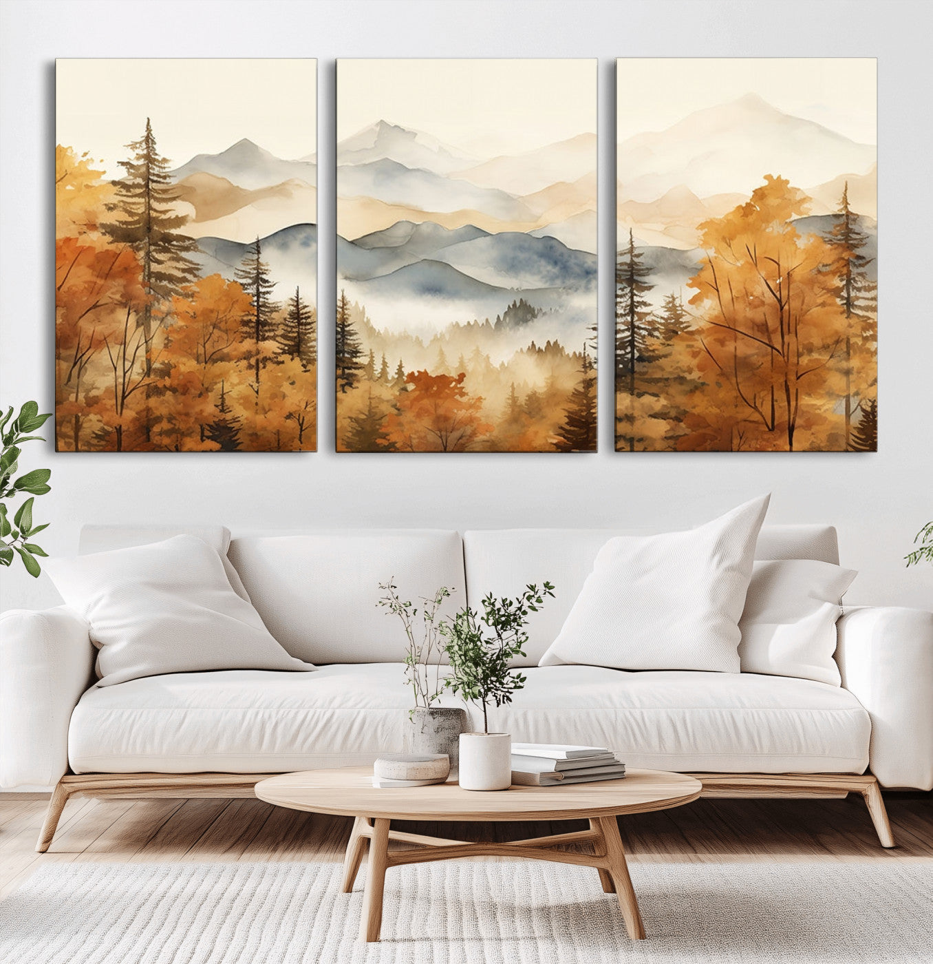 MGV-CV-60X30-3P - Golden Autumn Forest Wall Art | Mountain Landscape Canvas Print for Living Room or Bedroom | Large Wall Decor with Nature-Inspired Design