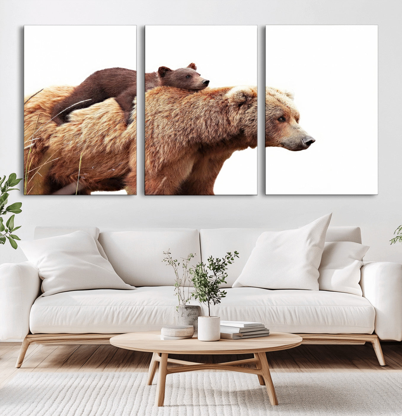 MGV-CV-60X30-3P - Mother and Baby Bear Canvas Wall Art - Adorable Wildlife Animal Print, Cozy Rustic Decor for Living Room,