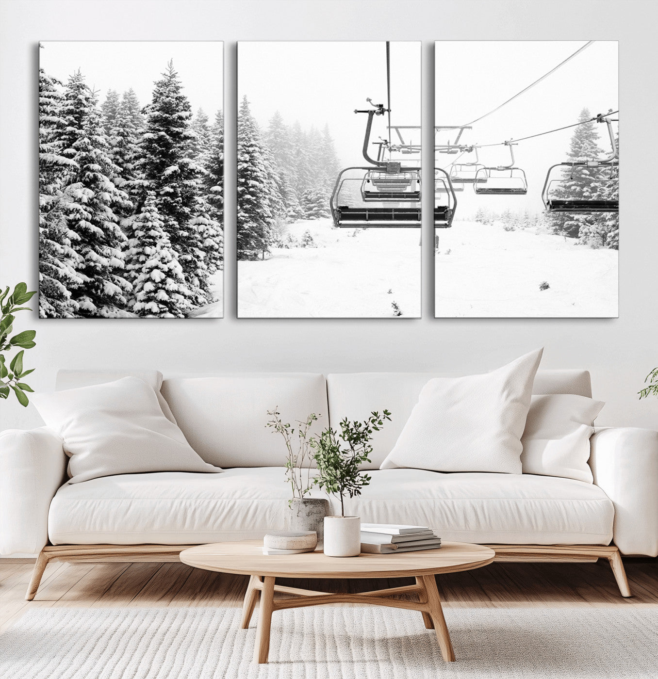 70609-MGV-CV-36X24-Winter Forest Wall Art Canvas Print – Framed Snowy Mountain Scene with Ski Lift Landscape Artwork for Home, Office Decor