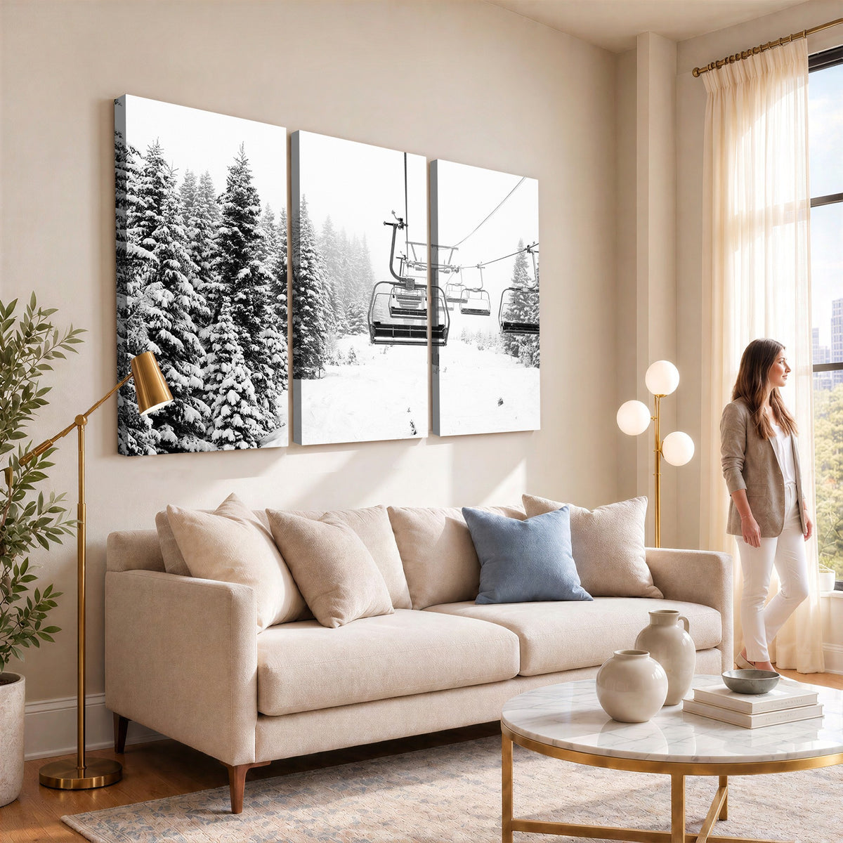 Ski Wall Art | Ski Lift Canvas Print with Snow Covered Spruce Trees, Winter Ski Resort Wall Art