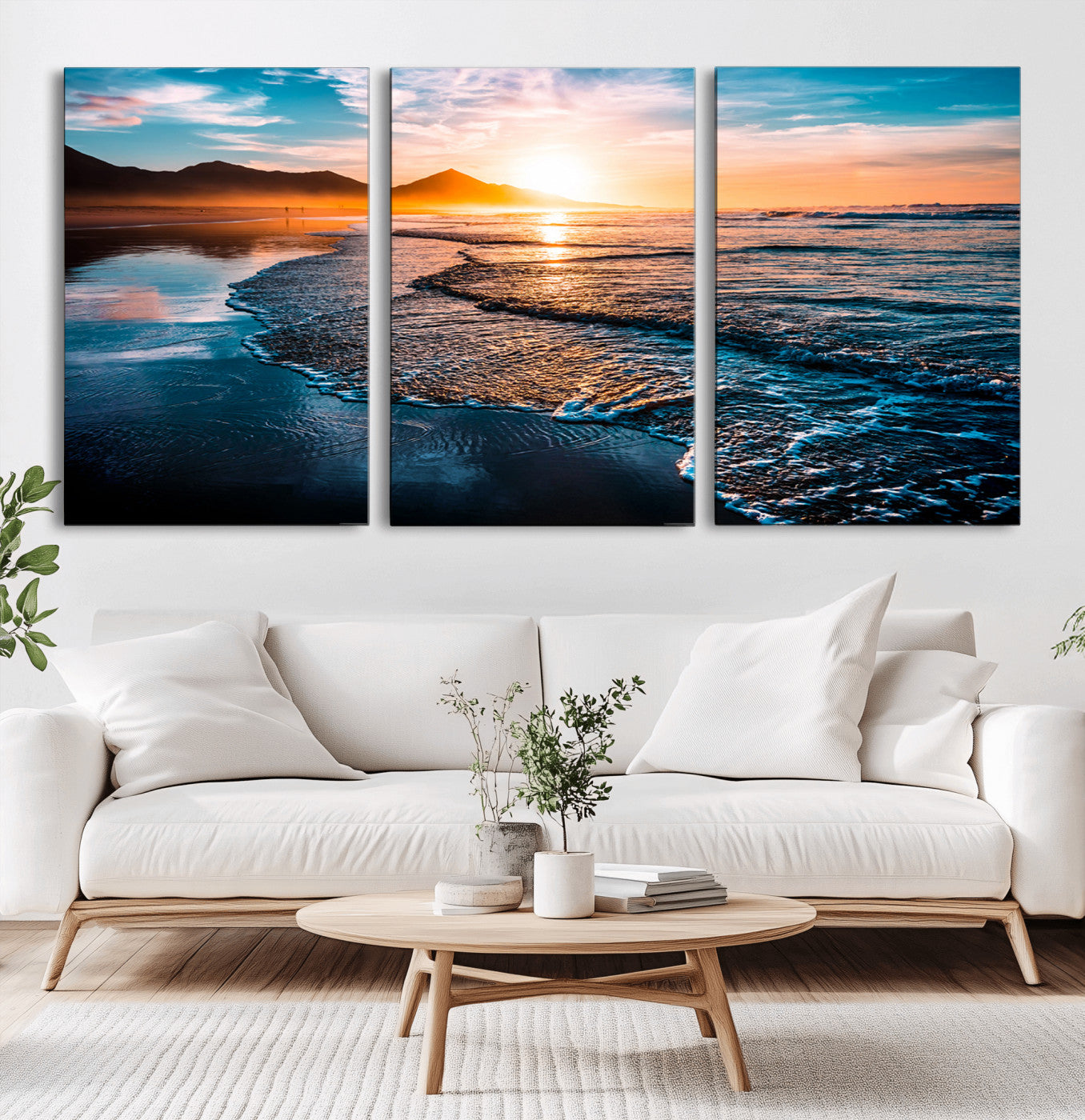 MGV-CV-60X30-3P - Sunset Beach Ocean Canvas Wall Art – Tranquil Ocean Reflections at Dusk – Ready to Hang